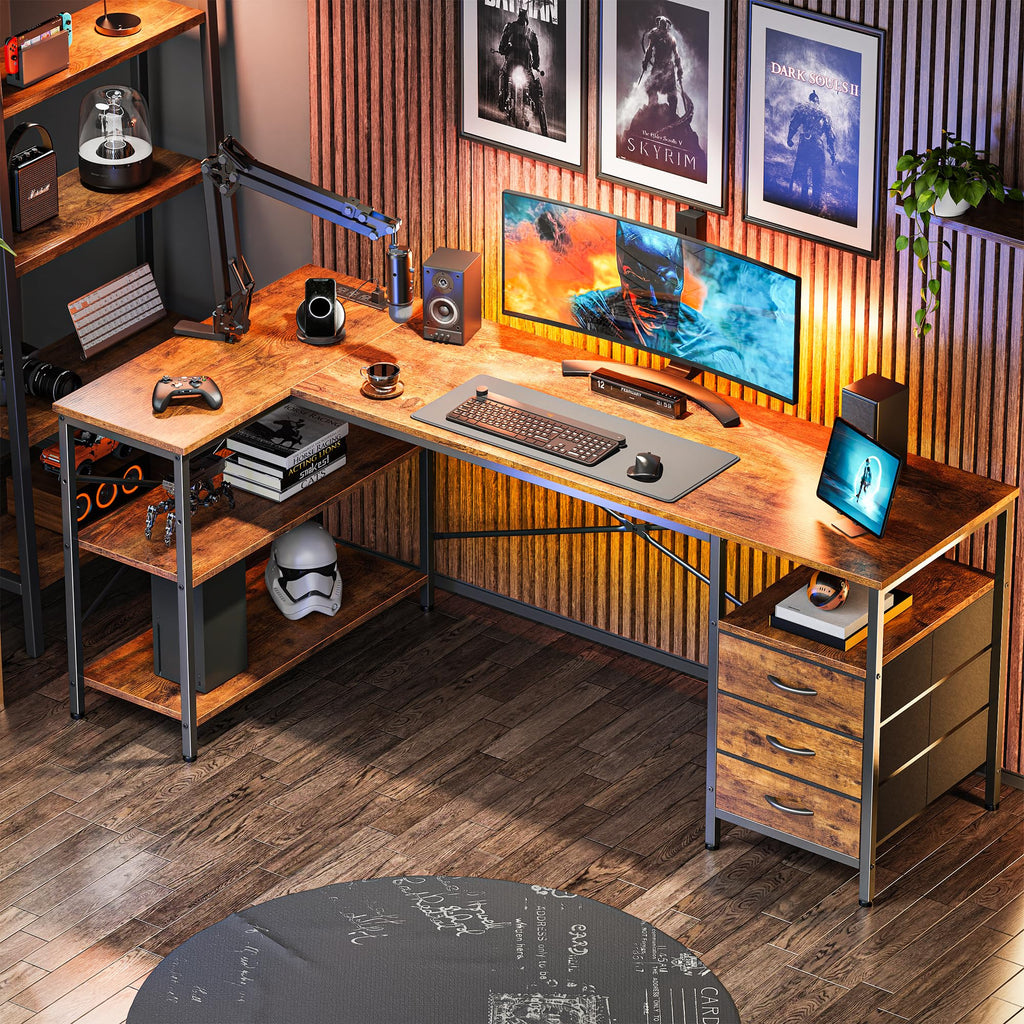 L Shaped Desk with Power Outlets, 63 Inch Reversible Computer Desk with 3 Drawers and Shelves, Home Office Table for Corner Work Study Writing Gaming, Rustic Brown
