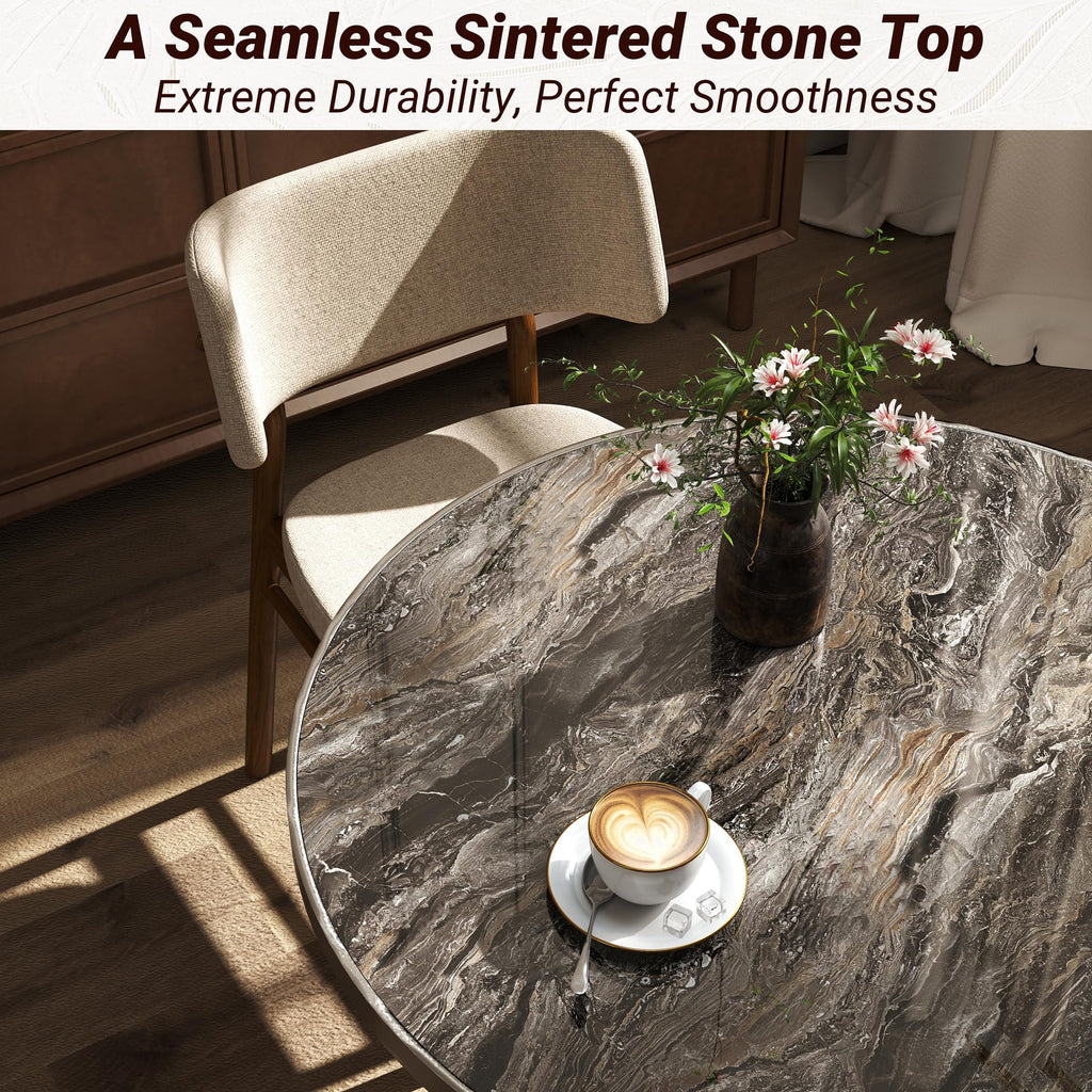 hausway 31.5" Tulip Table,Round Kitchen Dining Table for 2-4 with Thick Sintered Stone Top,Titanium Golden Pedestal Base,Heat-Resistant,Bistro Table for Dining Room,Café,Small Space（Dusk Strata）