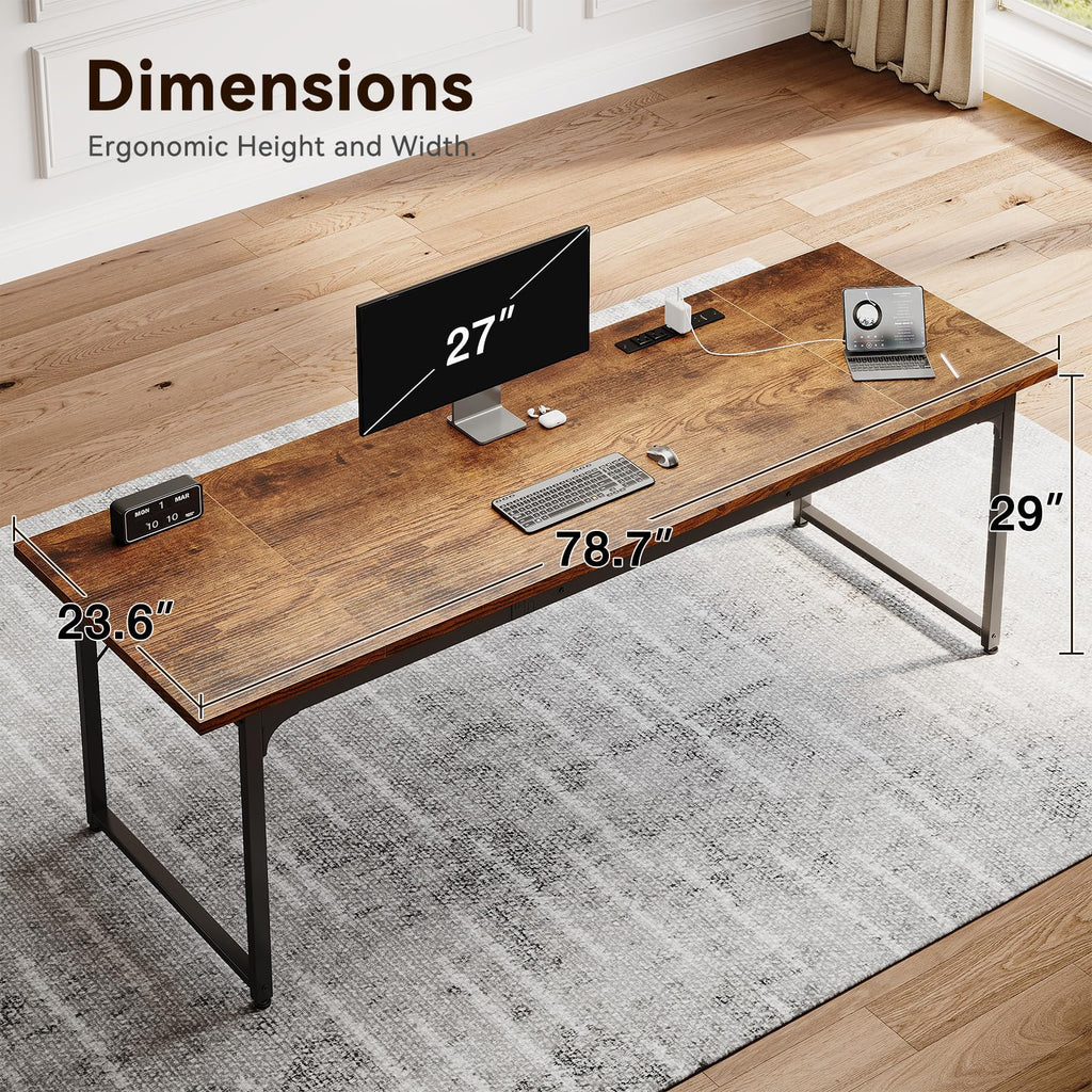 79 Inch Large Computer Desk with Power Outlet, Extra Long Desk for Home Office & Gaming, Spacious Writing Table for Study and Crafting, Rustic Brown