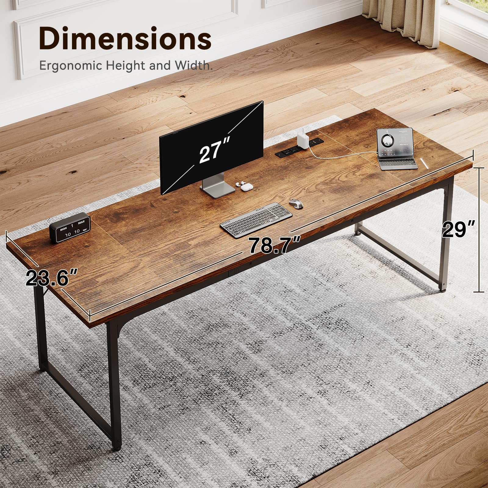 79 Inch Large Computer Desk with Power Outlet, Extra Long Desk for Home Office & Gaming, Spacious Writing Table for Study and Crafting, Rustic Brown