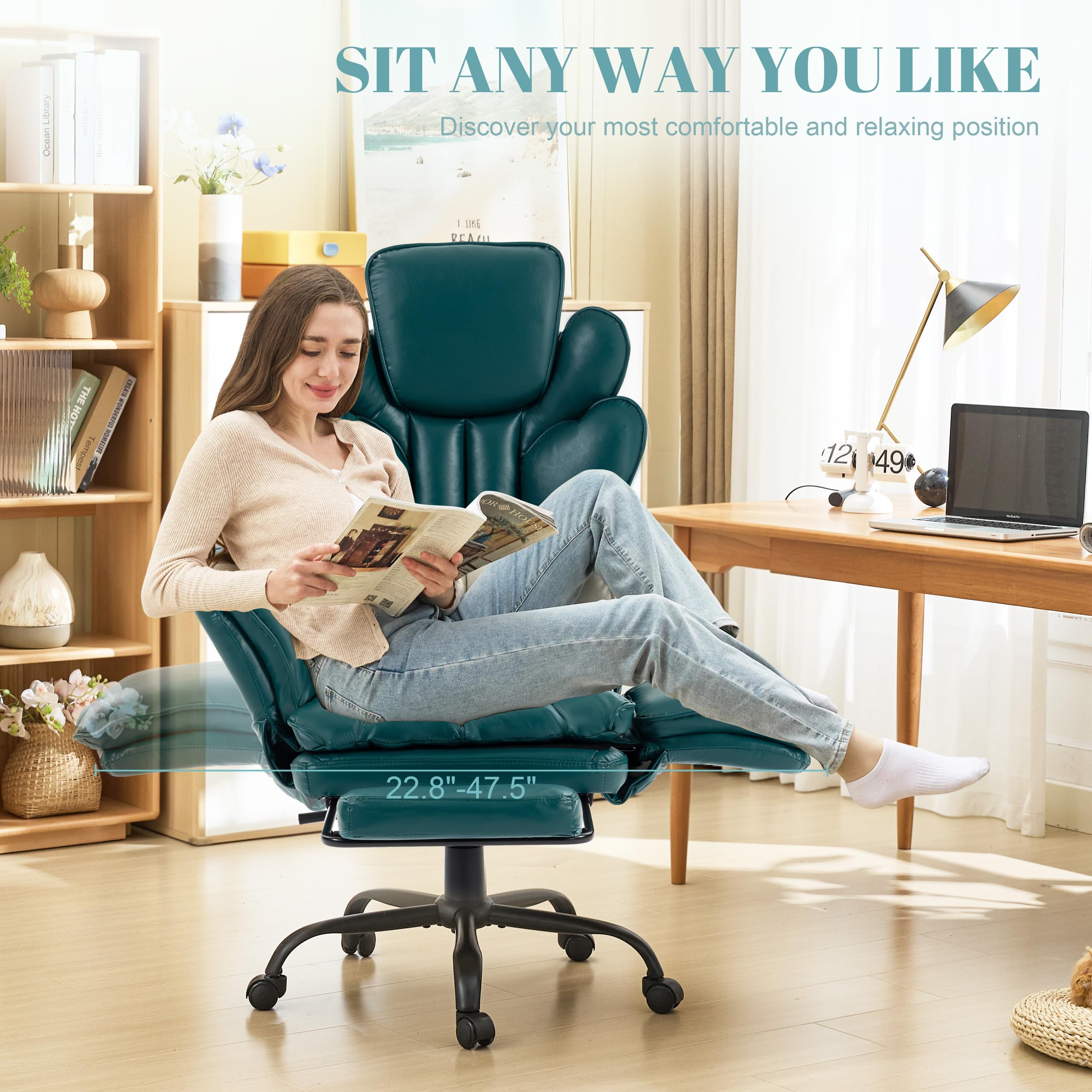 Flip Armrests Criss Cross Office Chair, Reclining Office Chair with Foot Rest, Adjustable Headrest, Massage Waist Pillow, Cross Legged Big and Tall Desk Chair Wide Seat Vanity Chair, PU Leather Green