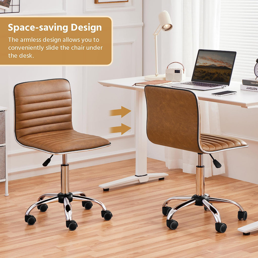 Low Back PU Leather Ribbed Armless Office Chair, Ergonomic Swivel Computer Task Chair with Wheels for Office, Home