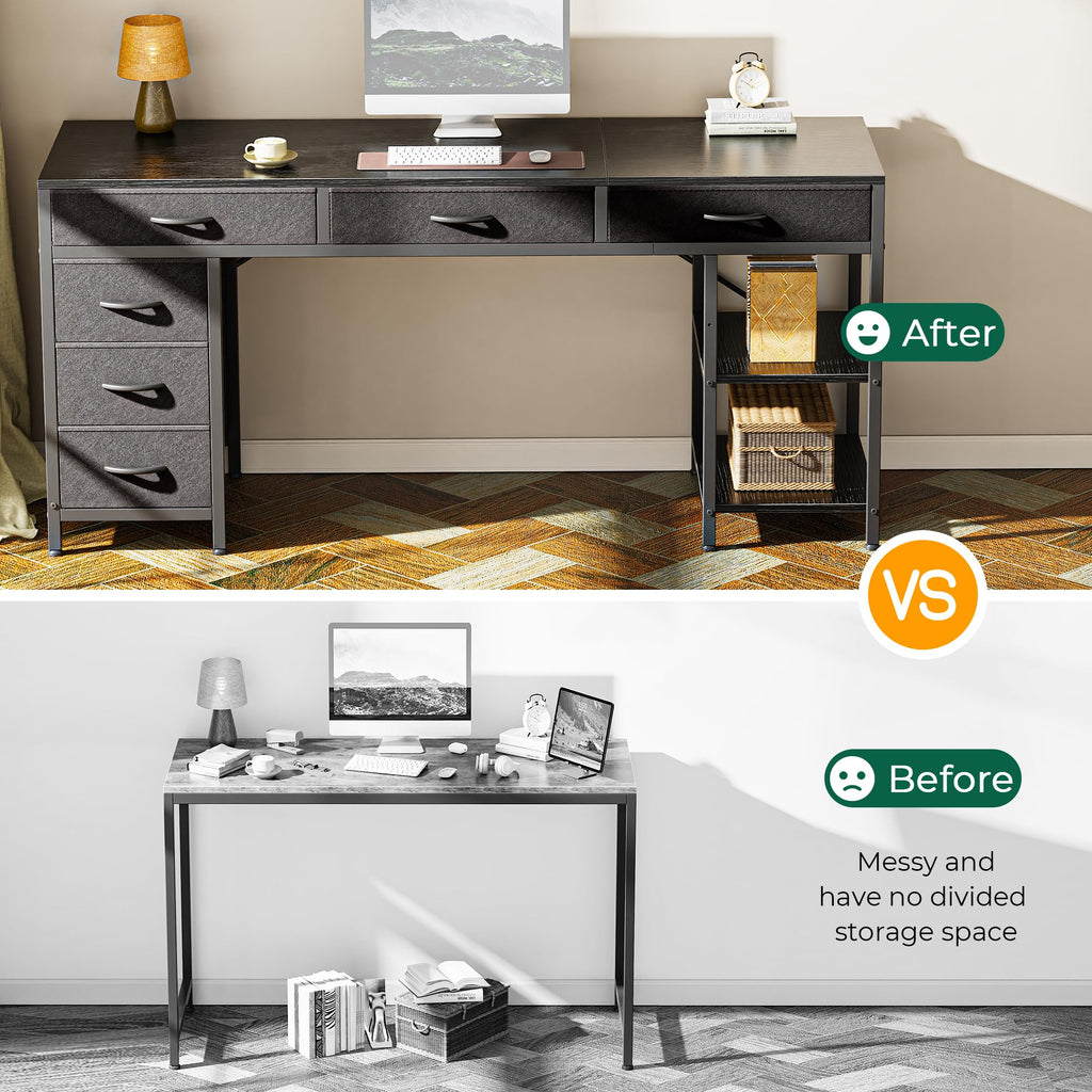 Computer Desk with 6 Drawers, Office Desk with Shelves, Reversible Gaming Desk, Corner Desk with Storage, Work for Home Office, Study, Living Room, 63inch, Black