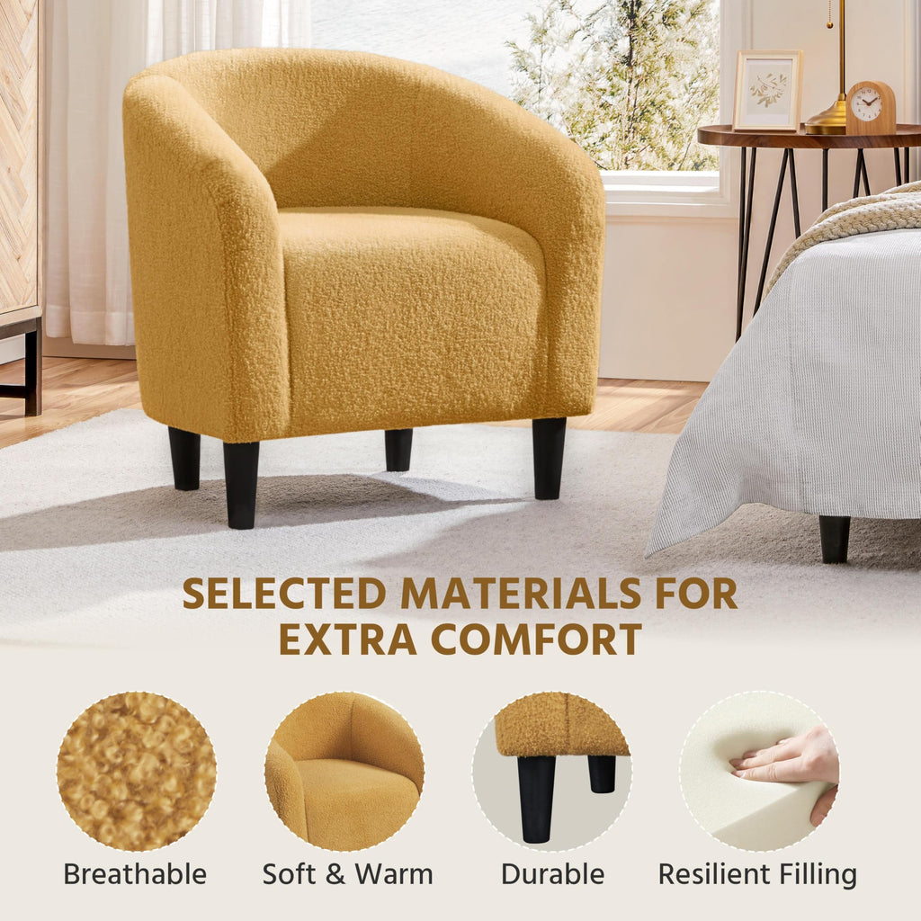 Accent Barrel Chair, Boucle Fabric Club Chair, Furry Sherpa Elegant and Cozy, Soft Padded Armchair for Living Room Bedroom Reception Room Office, Mustard Yellow