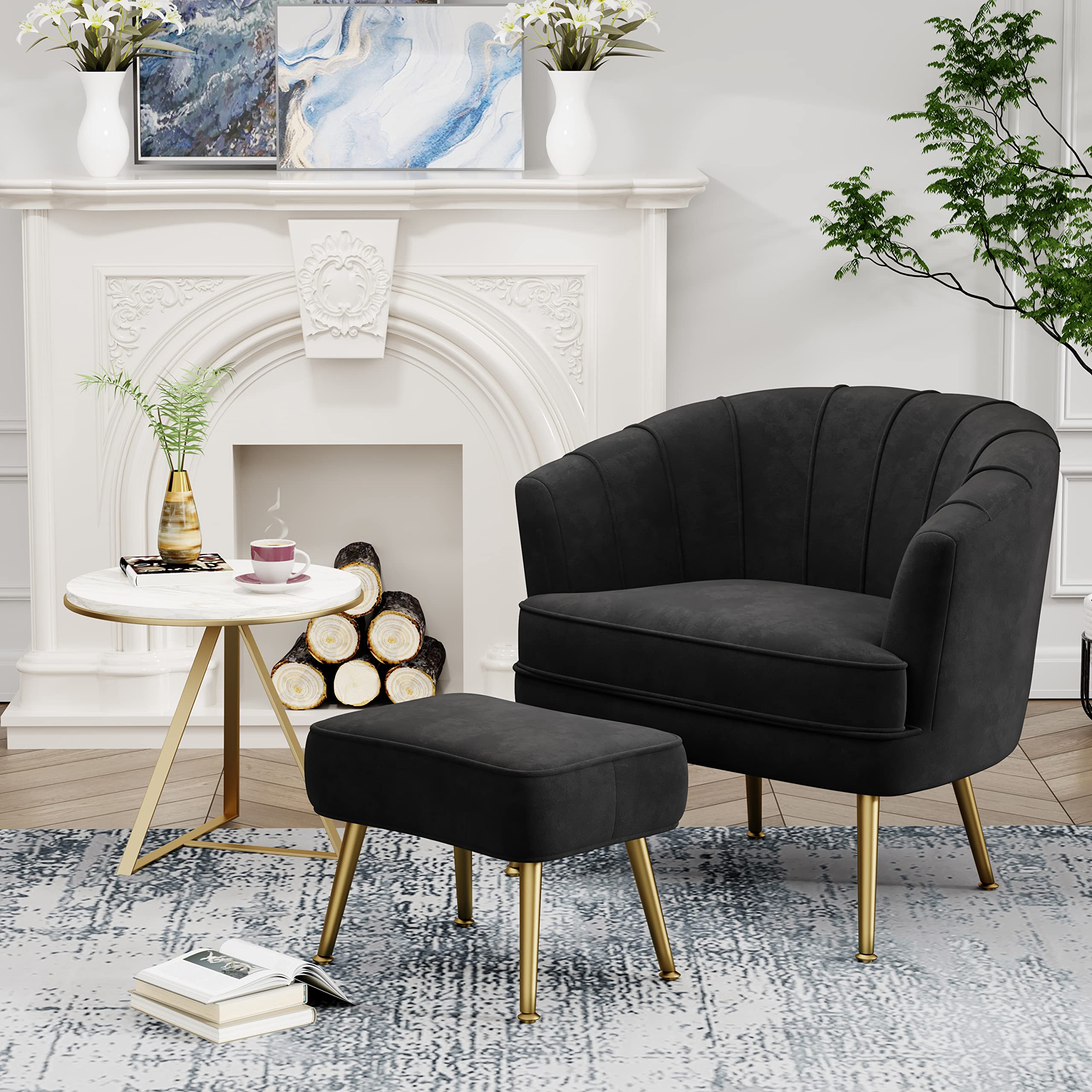 Velvet Accent Chair with Ottoman, Upholstered Modern Single Sofa Side Chair,Comfy Barrel Club Living Room Armchair with Golden Metal Legs for Office Bedroom Living Reading Room , Black