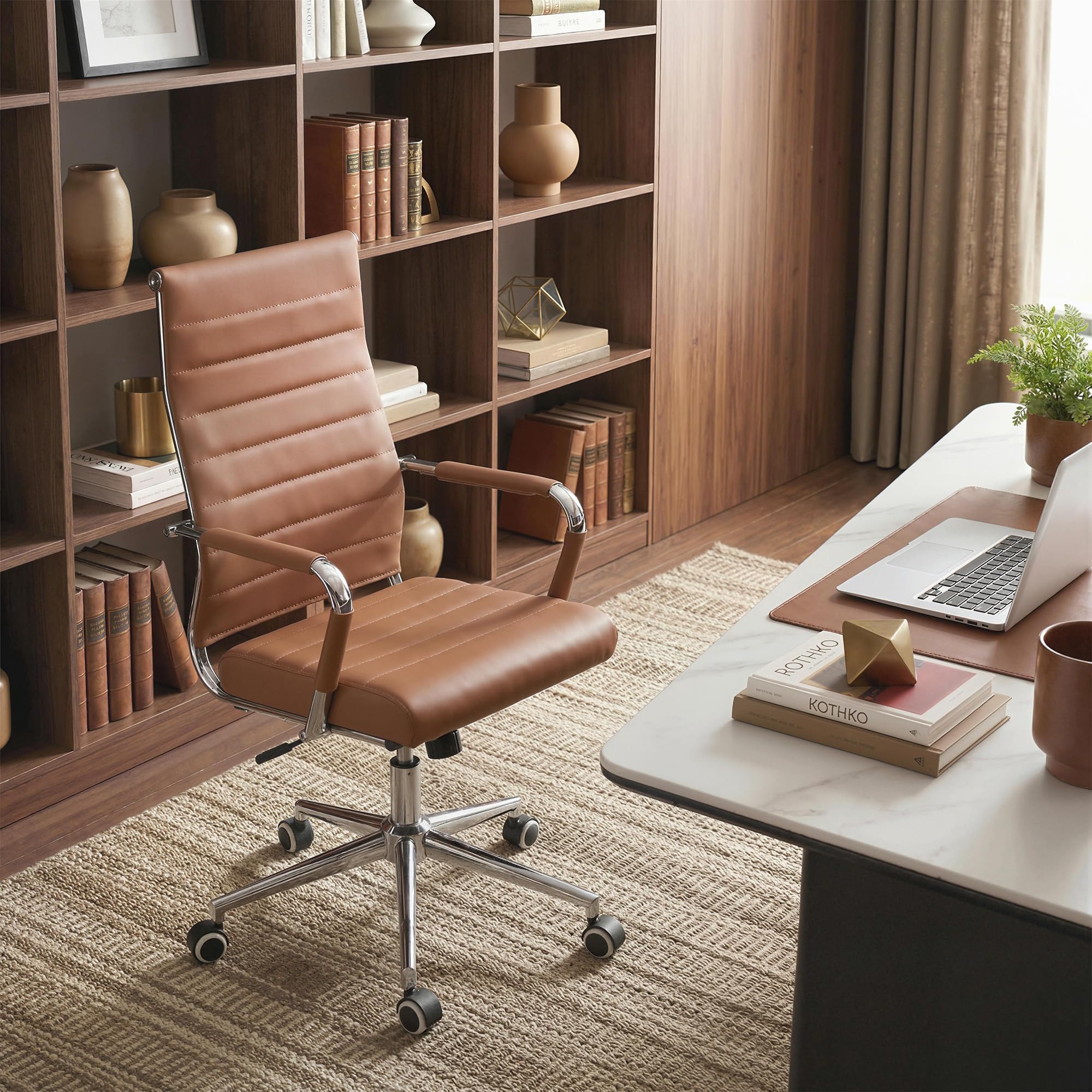Office Desk Chair, Ergonomic Leather Modern Conference Room Chairs, Executive Ribbed Height Adjustable Swivel Rolling Chair for Home Office. (Brown)