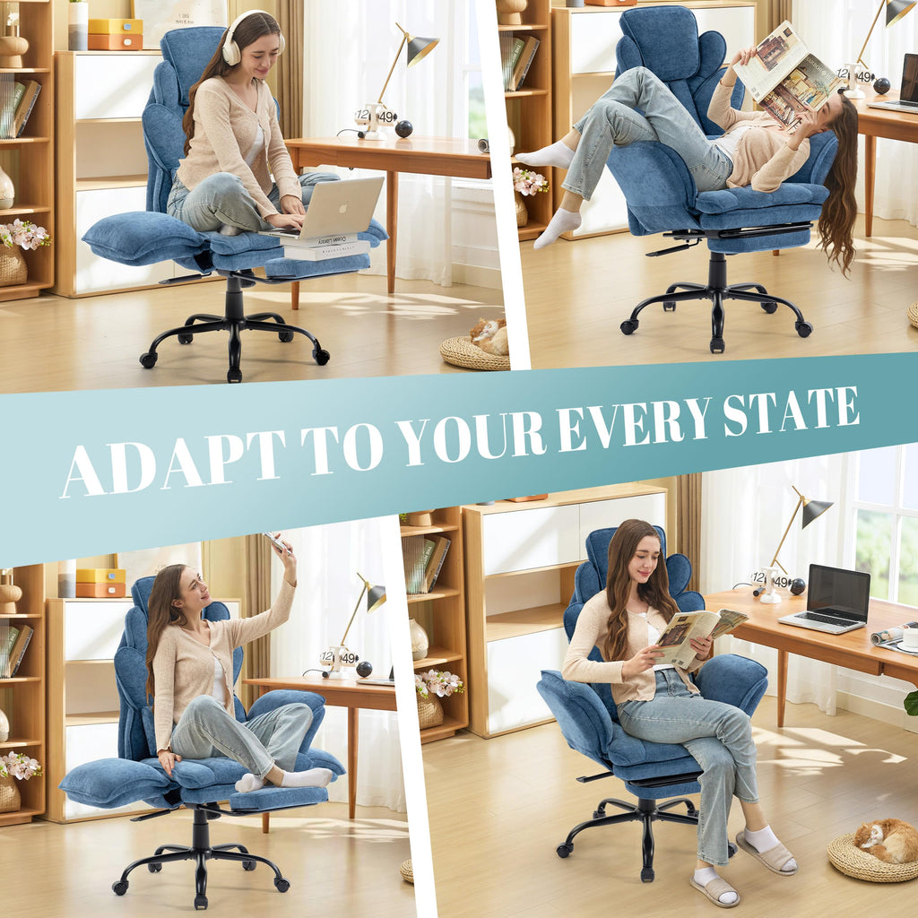 Flip Armrests Criss Cross Office Chair, Reclining Office Chair with Foot Rest, Adjustable Headrest, Massage Waist Pillow, Cross Legged Big and Tall Desk Chair Wide Seat Vanity Chair, Fabric Blue