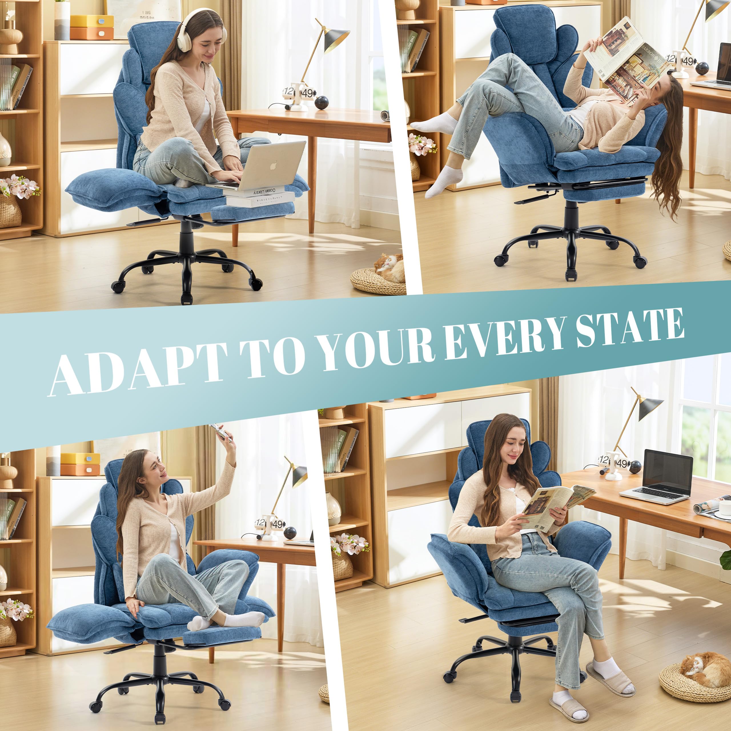 Flip Armrests Criss Cross Office Chair, Reclining Office Chair with Foot Rest, Adjustable Headrest, Massage Waist Pillow, Cross Legged Big and Tall Desk Chair Wide Seat Vanity Chair, Fabric Blue
