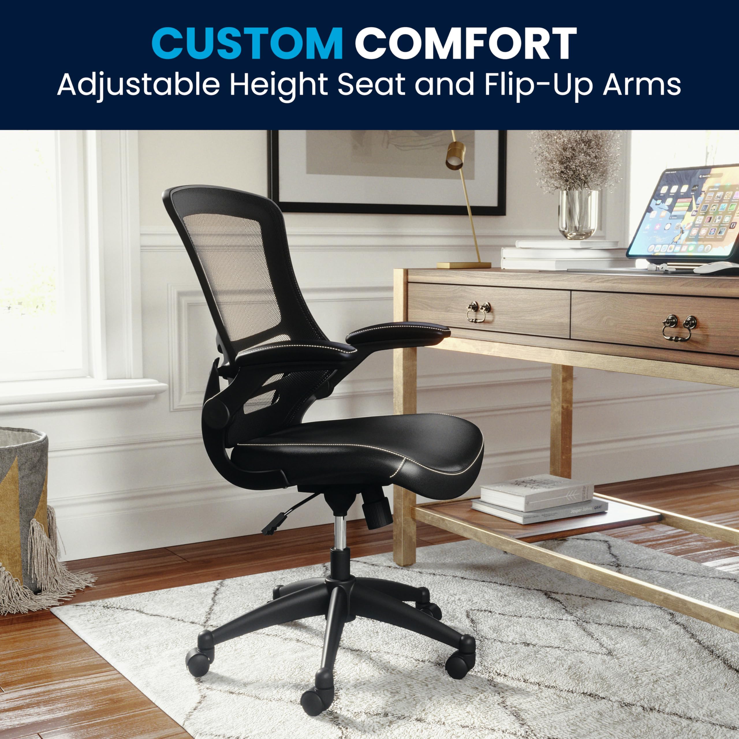 Mid-Back Swivel Office Chair with Adjustable Seat Height, Ergonomic Mesh Desk Chair with LeatherSoft Seat, Black