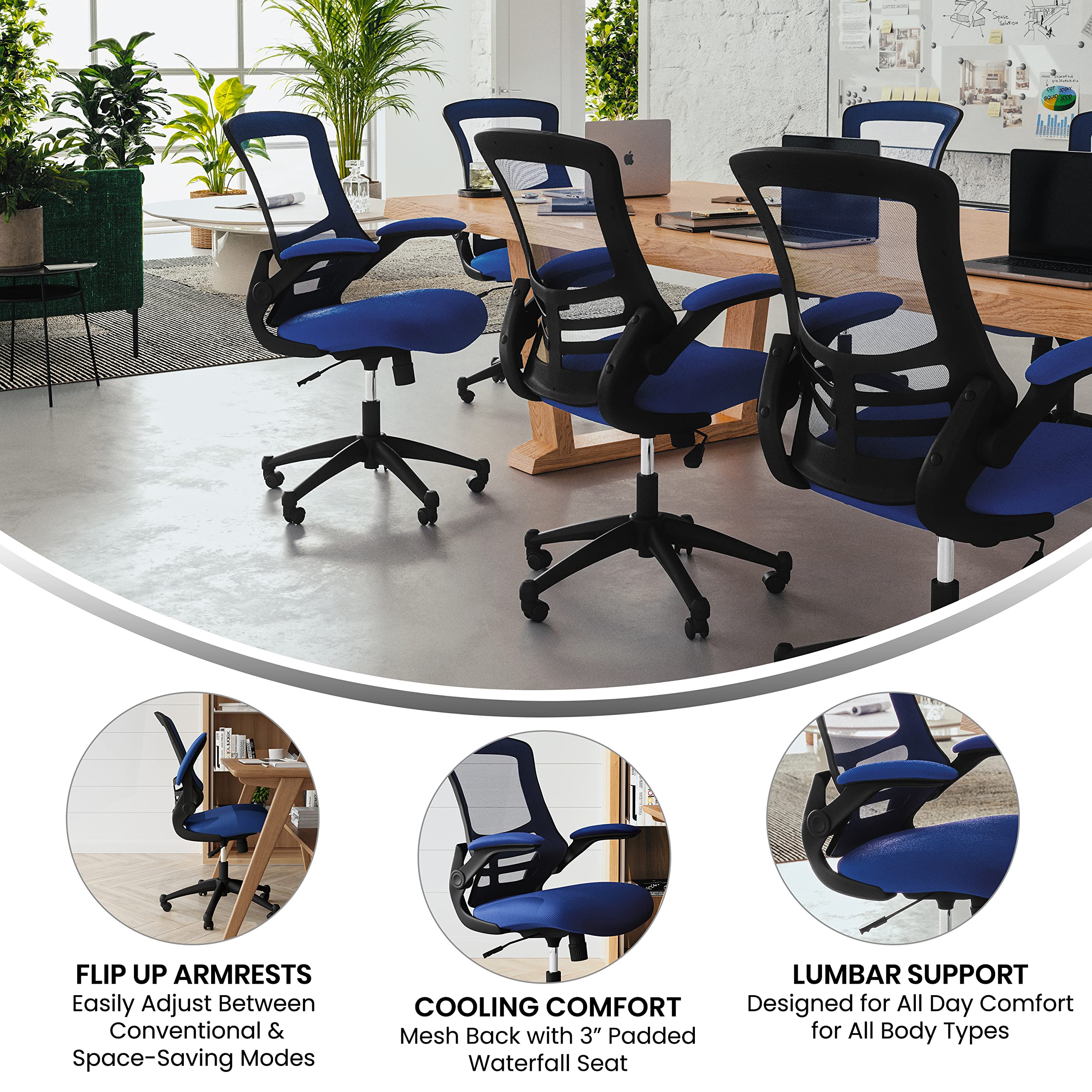 Mid-Back Blue Mesh Swivel Ergonomic Task Office Chair with Flip-Up Arms