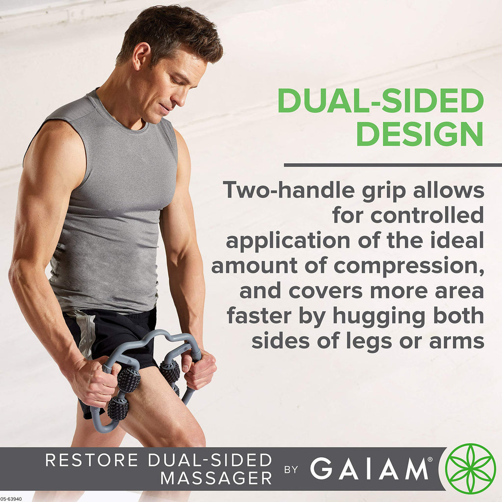 Restore Leg Massager - Dual Sided Hand Held Muscle Massage Roller with 4 Textured Massage Balls & Firm Grip Handles | Deep Tissue Pain Relief for Sore Muscles to Aid Recovery Time