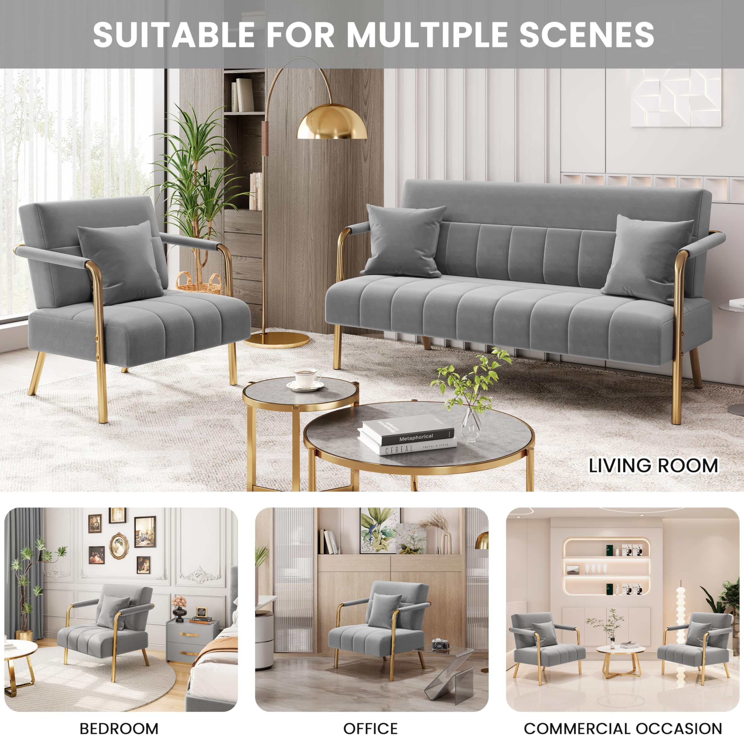 30" W Modern Sofa Small Sofa Luxurious Velvet Fabric Couch with Gold-Tone Metal Arms and Legs for Living Room, Office, Studio Light Gray