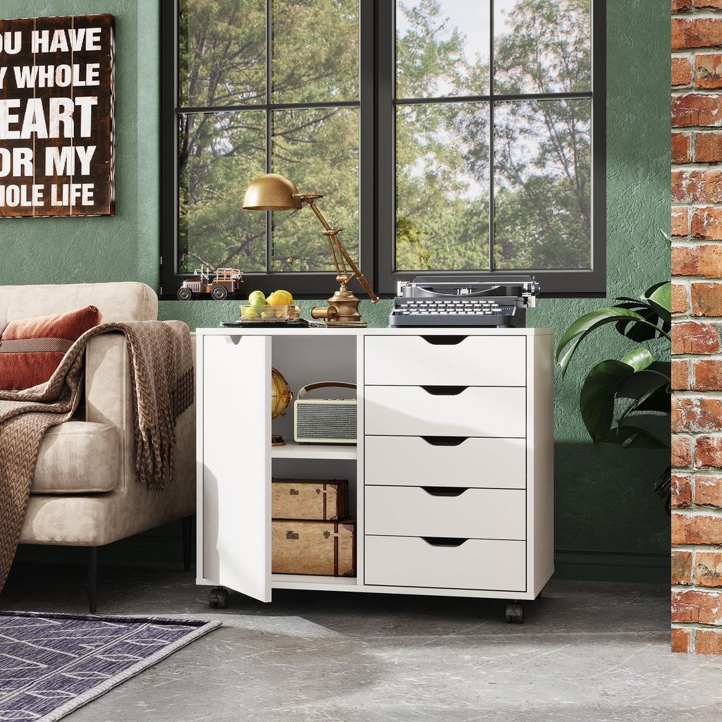 5-Drawer Wood Drawer Cabinet, Office Storage Cabinet, White