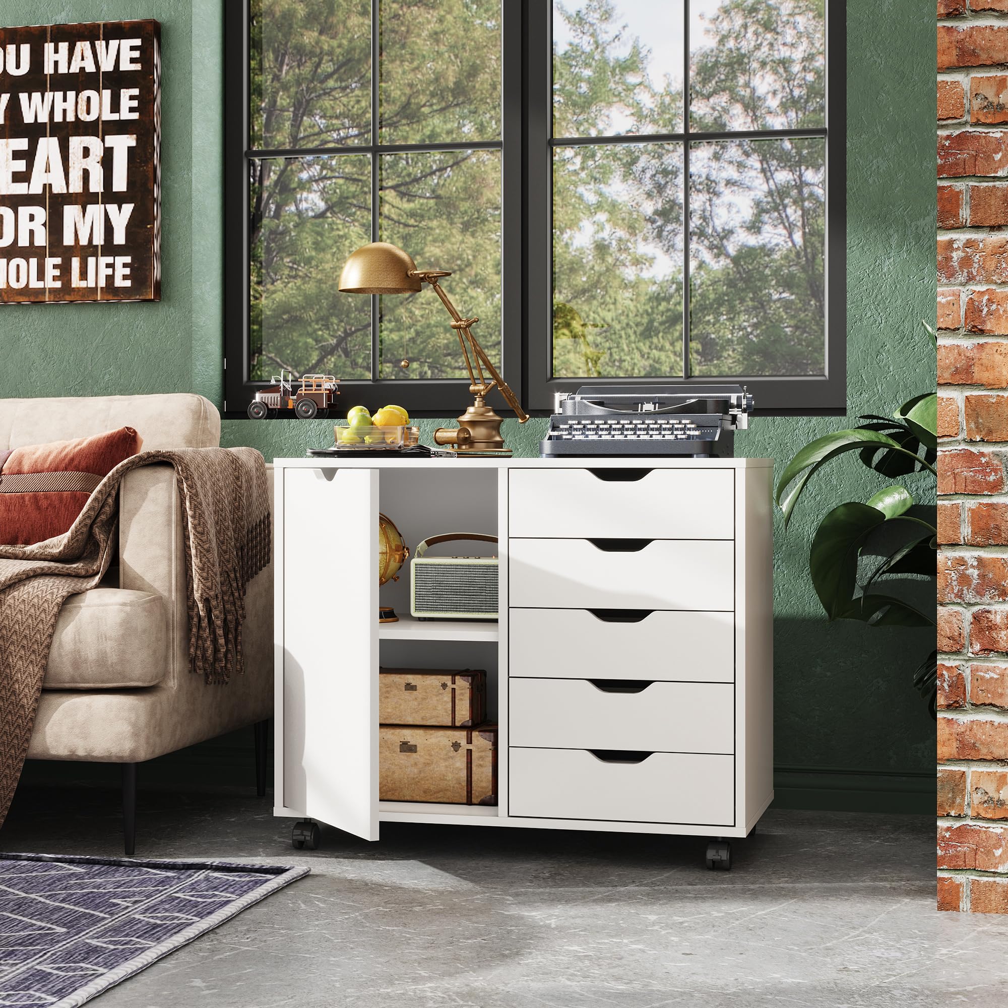 5-Drawer Wood Drawer Cabinet, Office Storage Cabinet, White