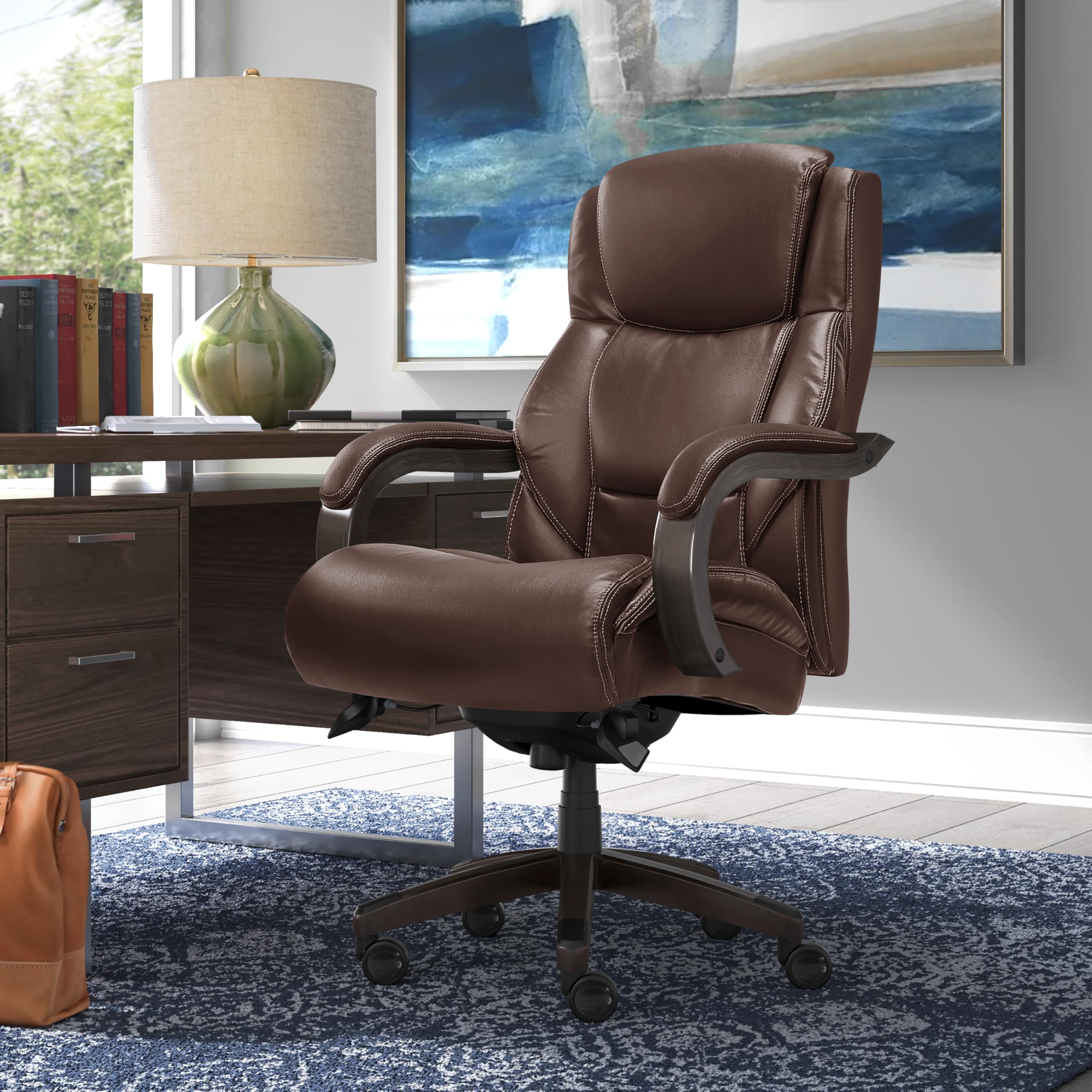 Delano Big and Tall Executive Office Chair - Ergonomic Lumbar Support Memory Foam - Bonded Leather Desk Chair for Home Office - Weathered Gray Wood Arms - Brown