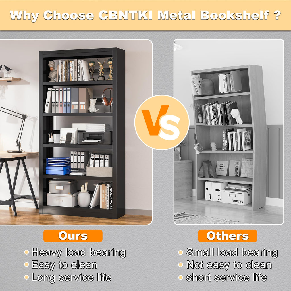5 Tier Metal Bookshelf,69'' Tall Heavy Duty Bookcase with Adjustable Shelves,Black Large Modern Bookshelves,Industrial Open Bookcases for Library,Office,Study Room,Living Room