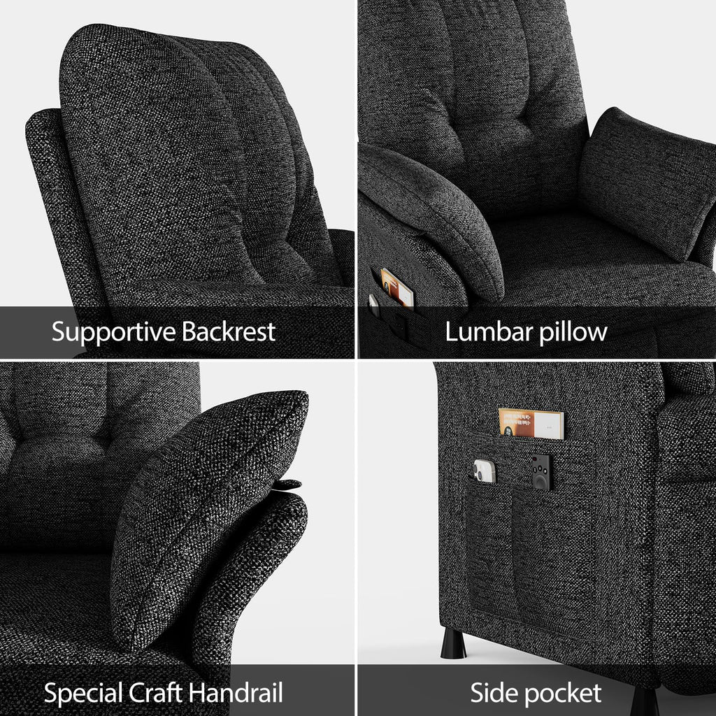 Power Recliner Chair for Adults with Heat & Massage - Linen Electric Reclining Sofa with Remote Control, 3 Side Pockets, 180° Lay Sleeper for Home Theater Living Room, Dark Grey