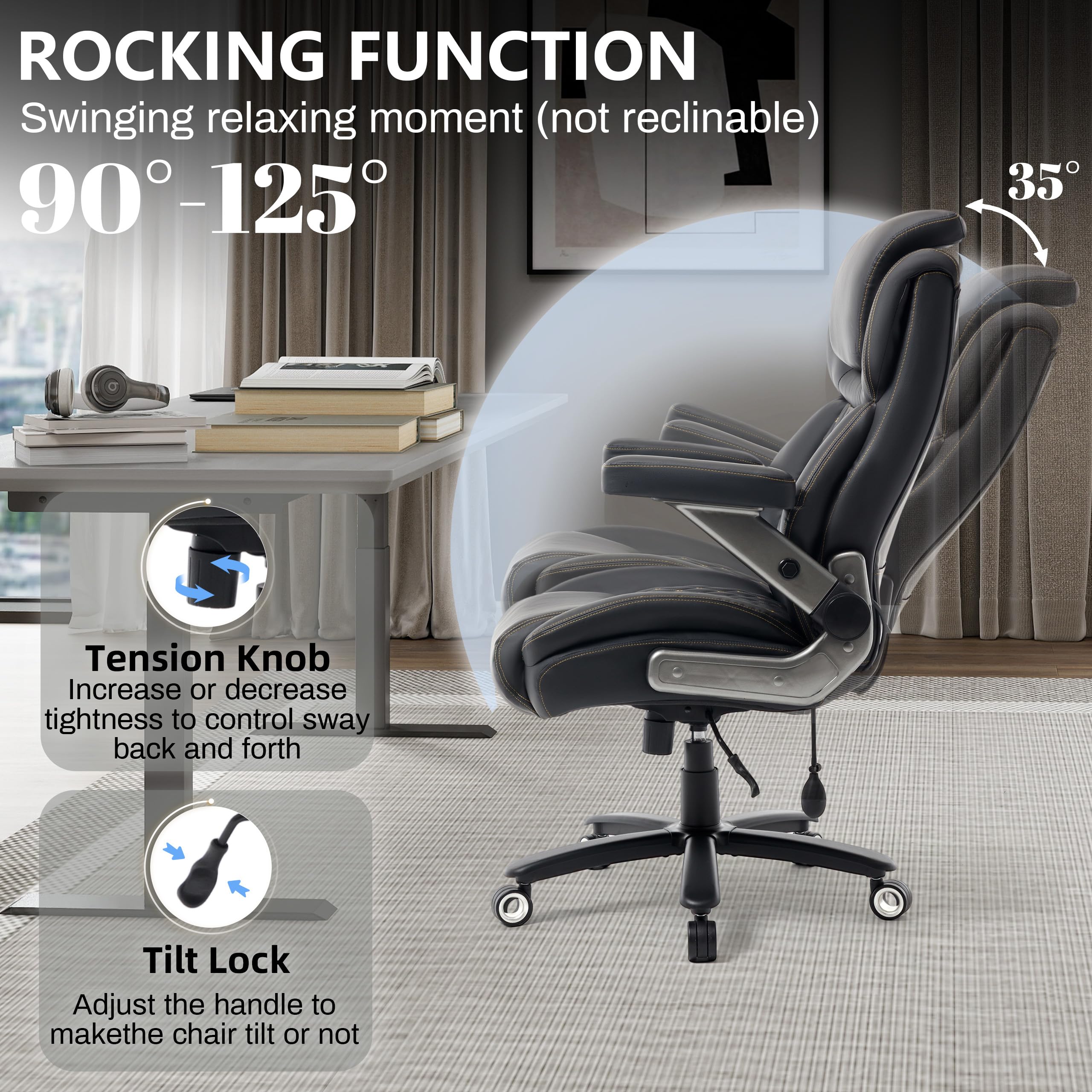 Big and Tall Office Chair 750lbs, Executive Office Chair with Adjustable Headrest&Lumbar Airbag Support, PU Leather High Back Heavy Duty Desk Chair 5D Flip Arms, Ergonomic Thick Spring Cushion, Black