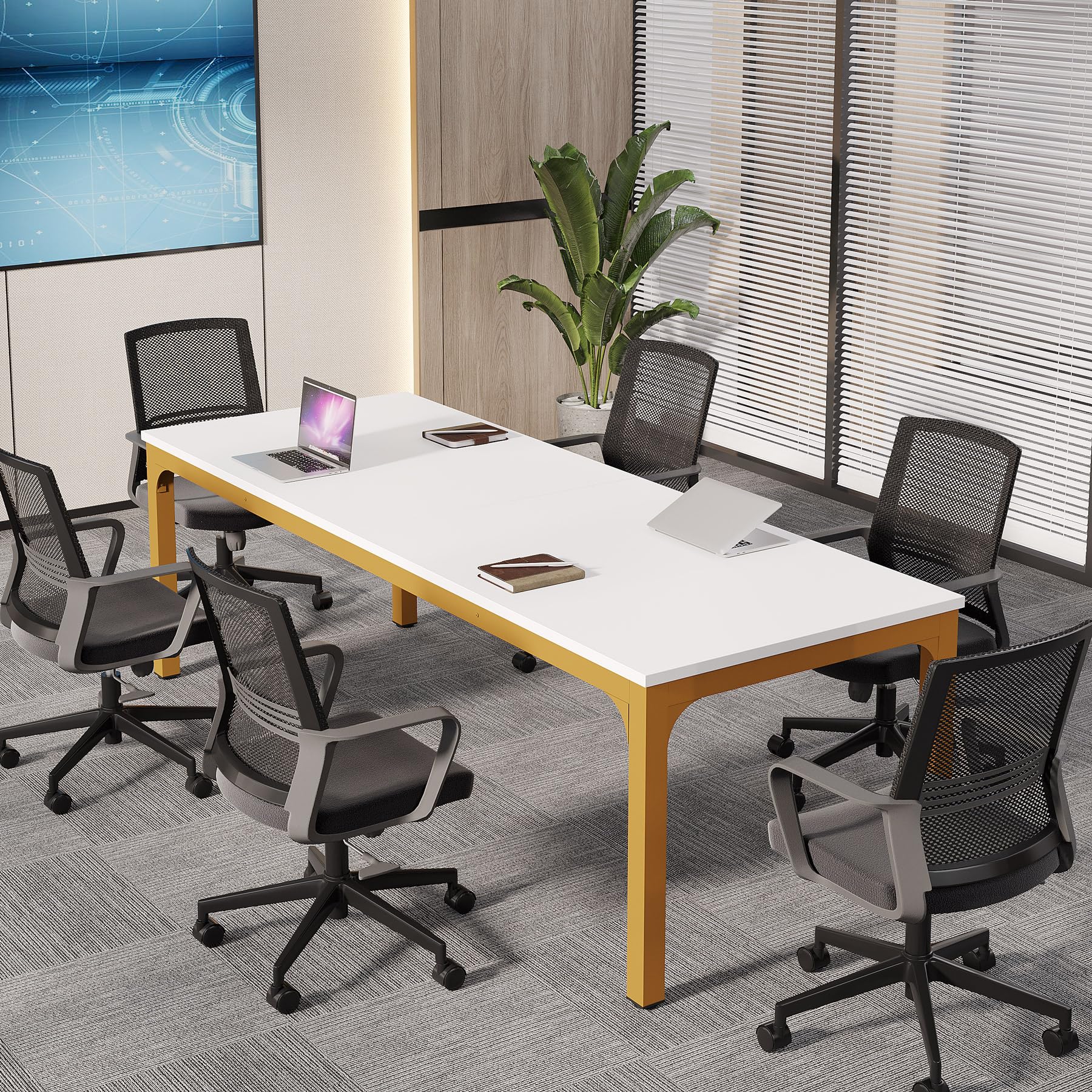 6.5 FT Conference Room Table, 78.74" W x 27.56" D Large Office Conference Table, Modern Seminar Meeting Table Desk for Boardroom, Meeting Room (1, White and Gold)