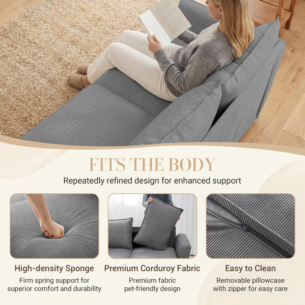 3 Seater Corduroy Couch, 89" Comfy Couch with Deep Seat, Modern Sofa Couch for  Office, Living Room, Bedroom, Apartment (Pillows not Included)