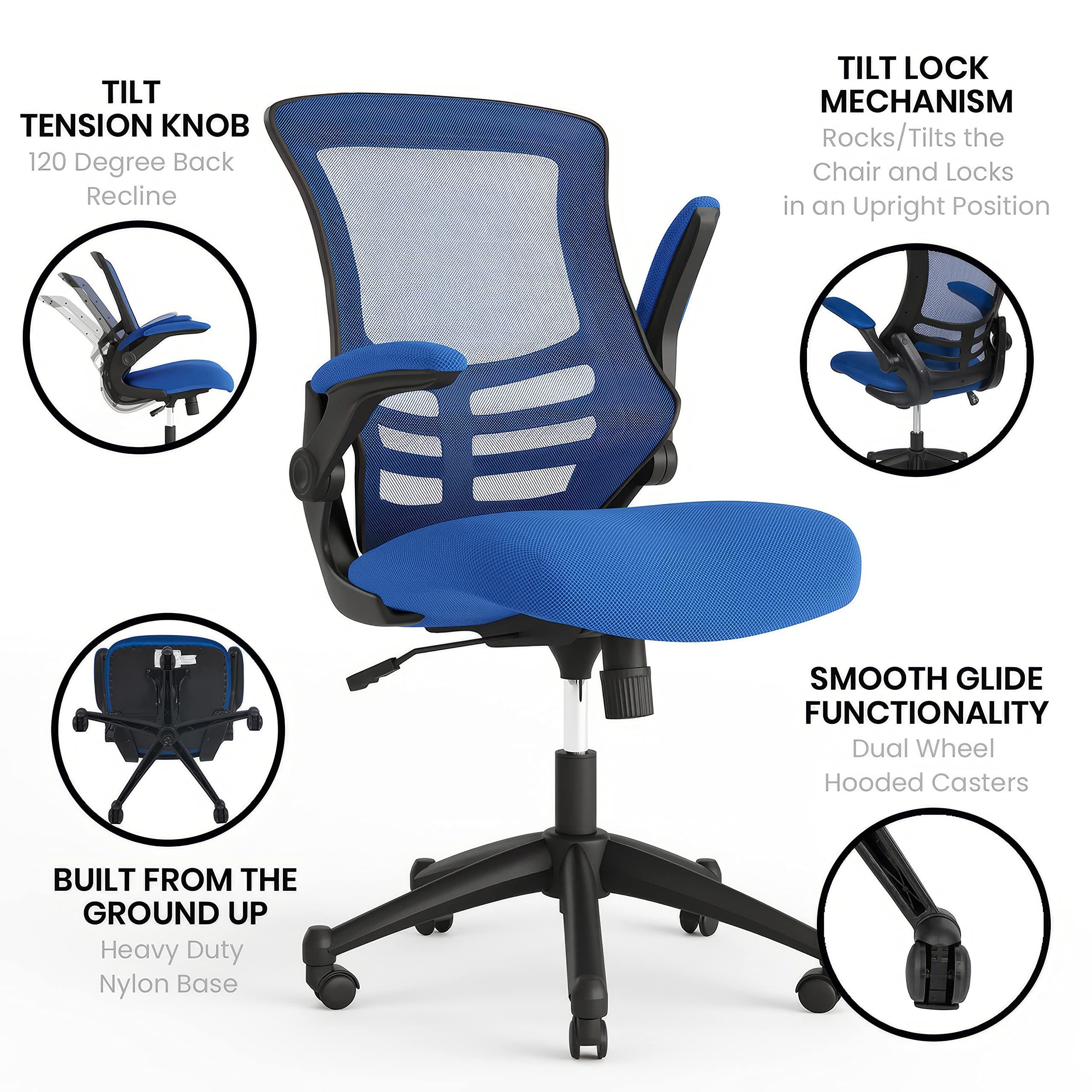 Mid-Back Blue Mesh Swivel Ergonomic Task Office Chair with Flip-Up Arms