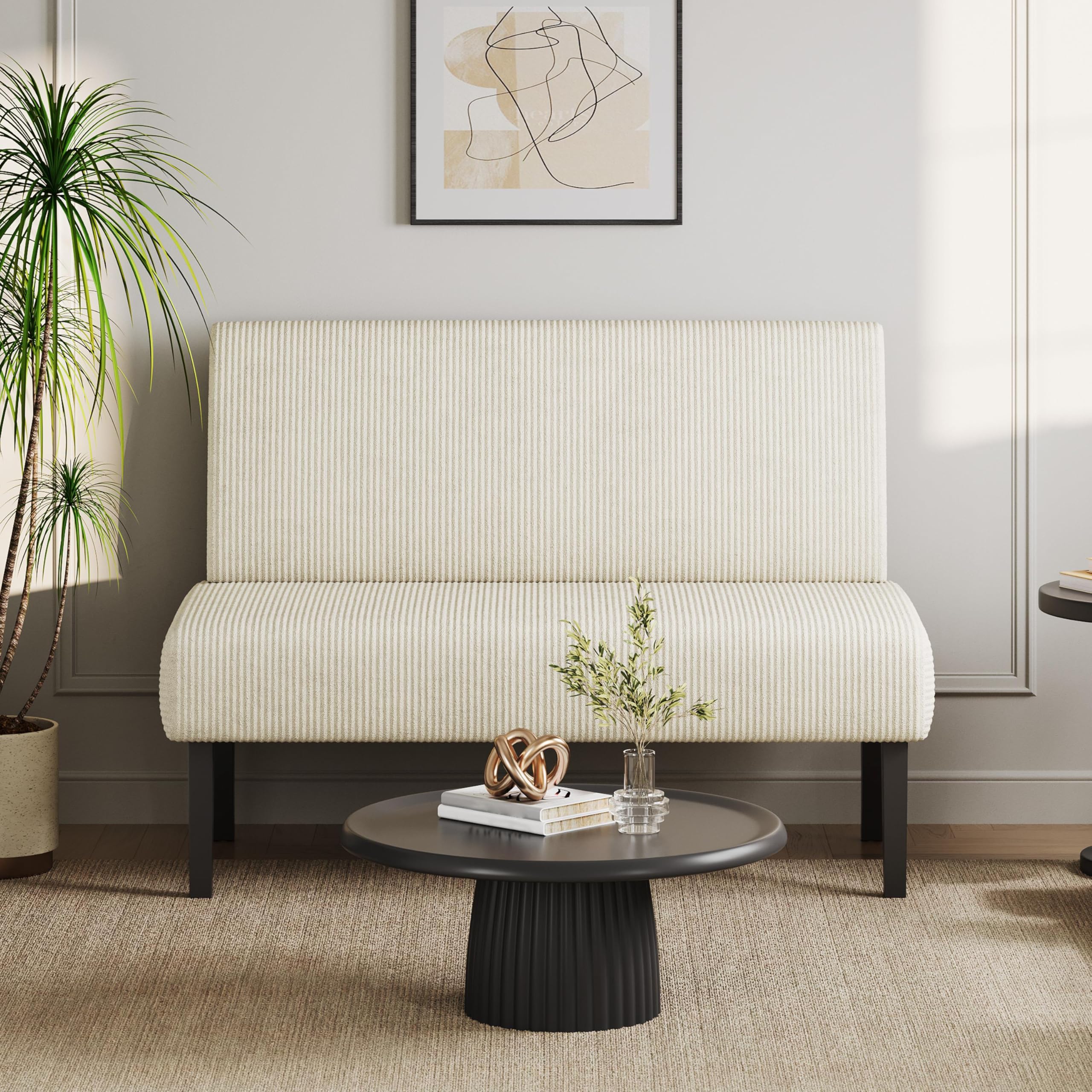 Small Mini Sofa Couch Armless Loveseat Futon for Bedroom, Corduroy Fabric & Easy Assembly, for Small Spaces Living Room,Dorm,Office,Apartment, Beige