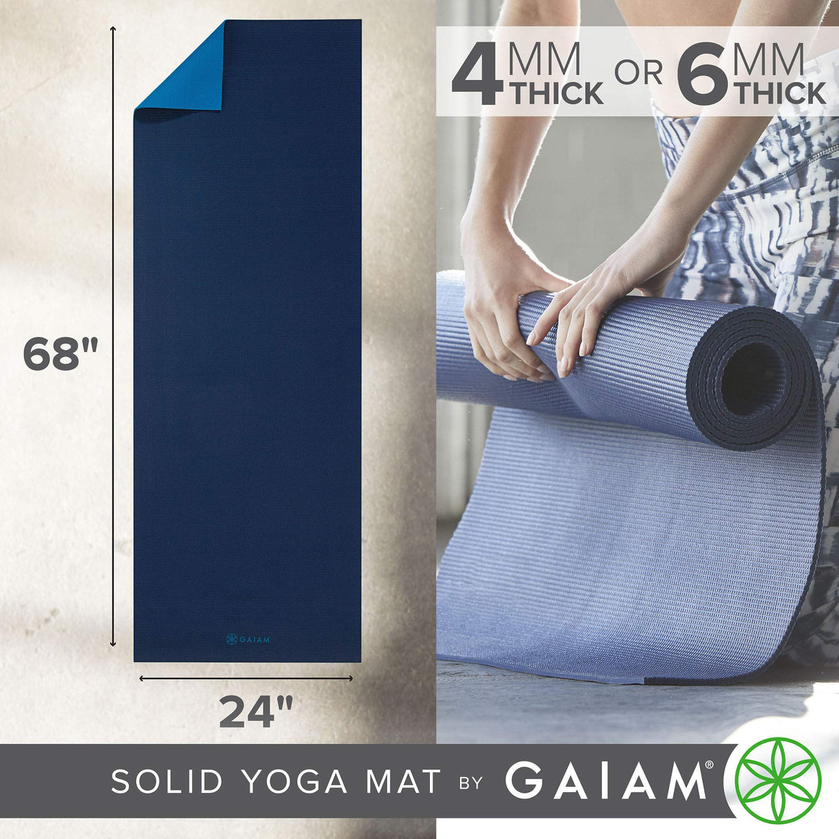Yoga Mat Premium Solid Color Reversible Non Slip Exercise & Fitness Mat for All Types of Yoga, Pilates & Floor Workouts, Navy/Blue, 6mm, 68"L x 24"W x 6mm Thick