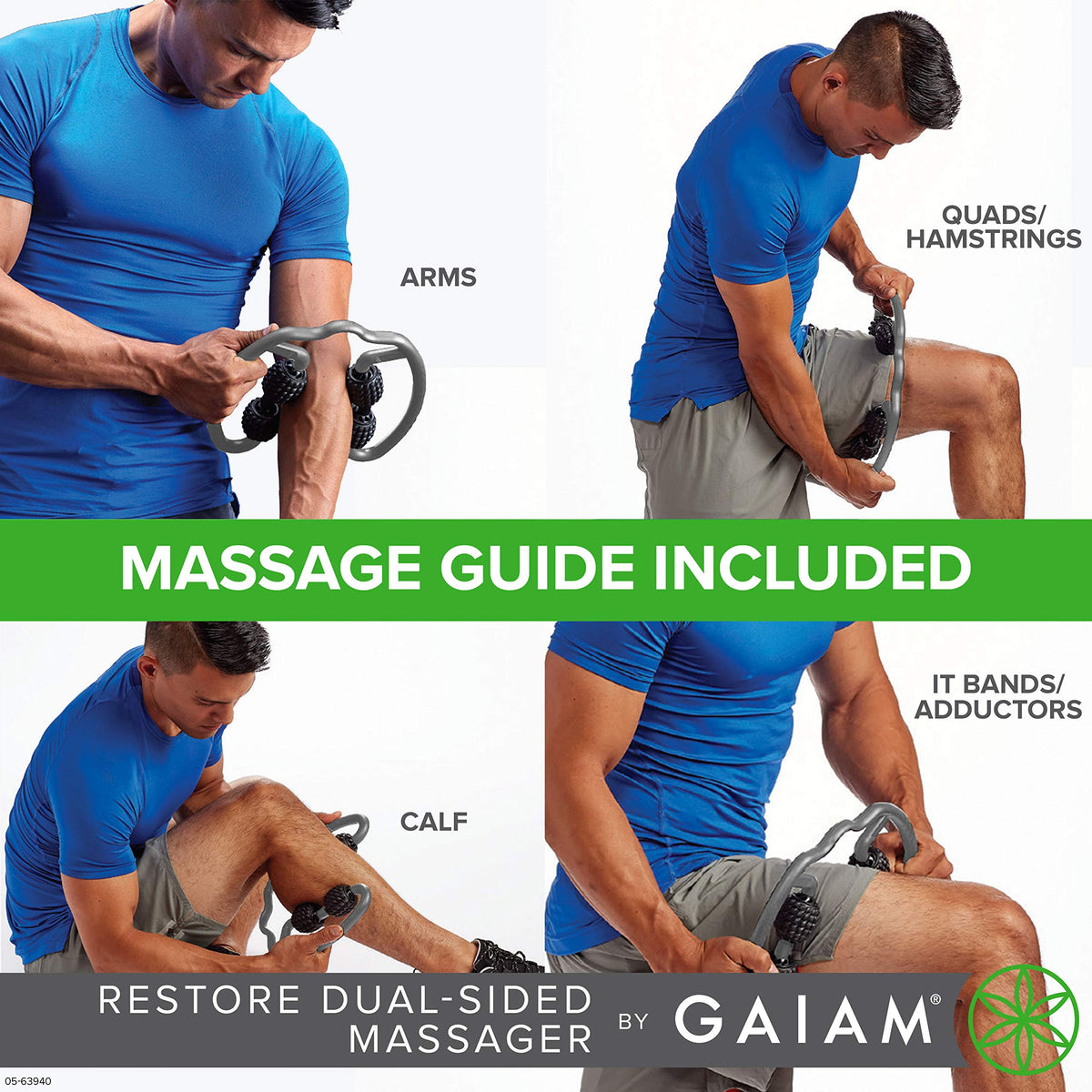 Restore Leg Massager - Dual Sided Hand Held Muscle Massage Roller with 4 Textured Massage Balls & Firm Grip Handles | Deep Tissue Pain Relief for Sore Muscles to Aid Recovery Time