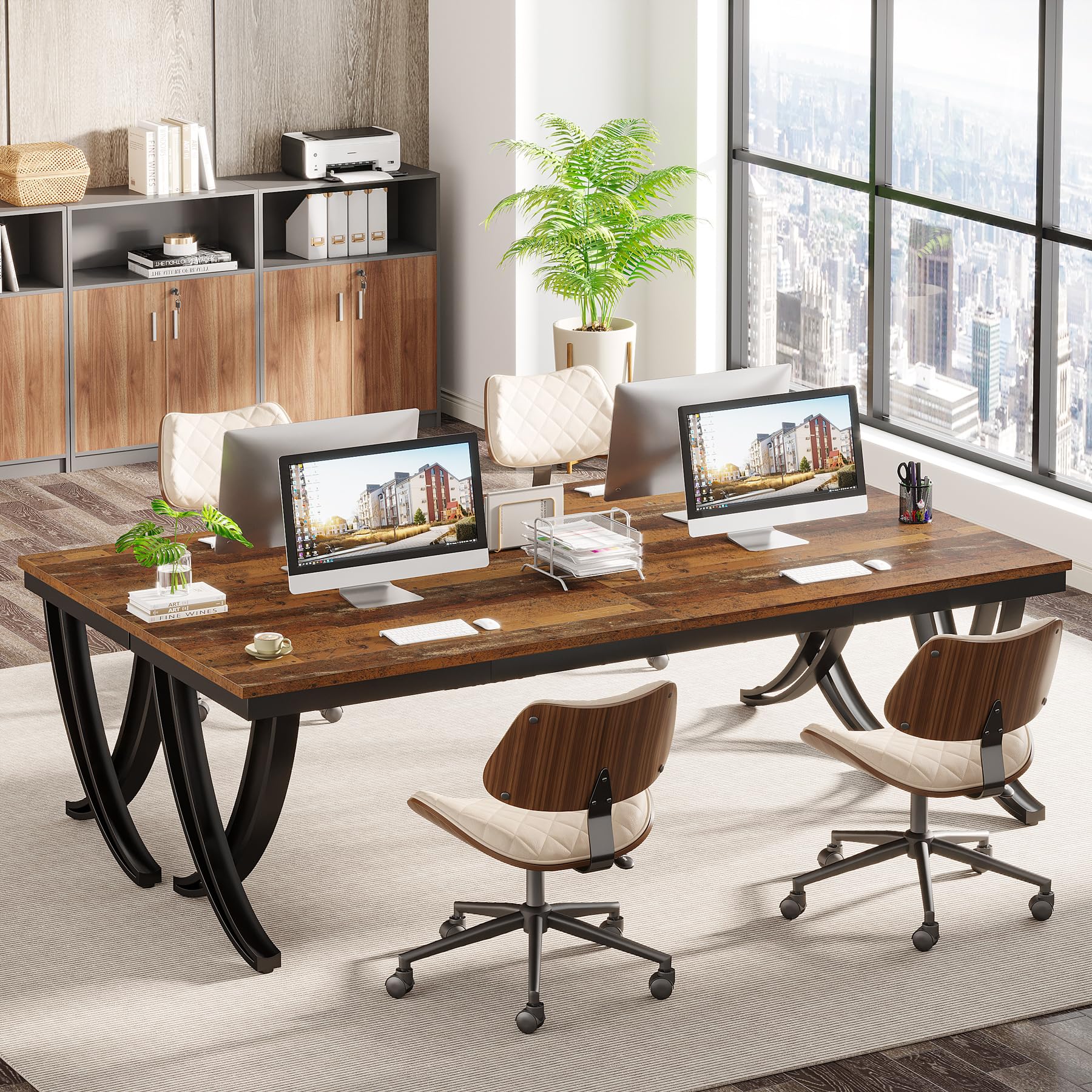 6.5FT Conference Table for 6-8 People, 78 inch Long Rectangular Seminar Table with Strong Metal Frame, Business Furniture Boardroom Desk for Office Meeting Conference Room (1PC, Mix Brown)
