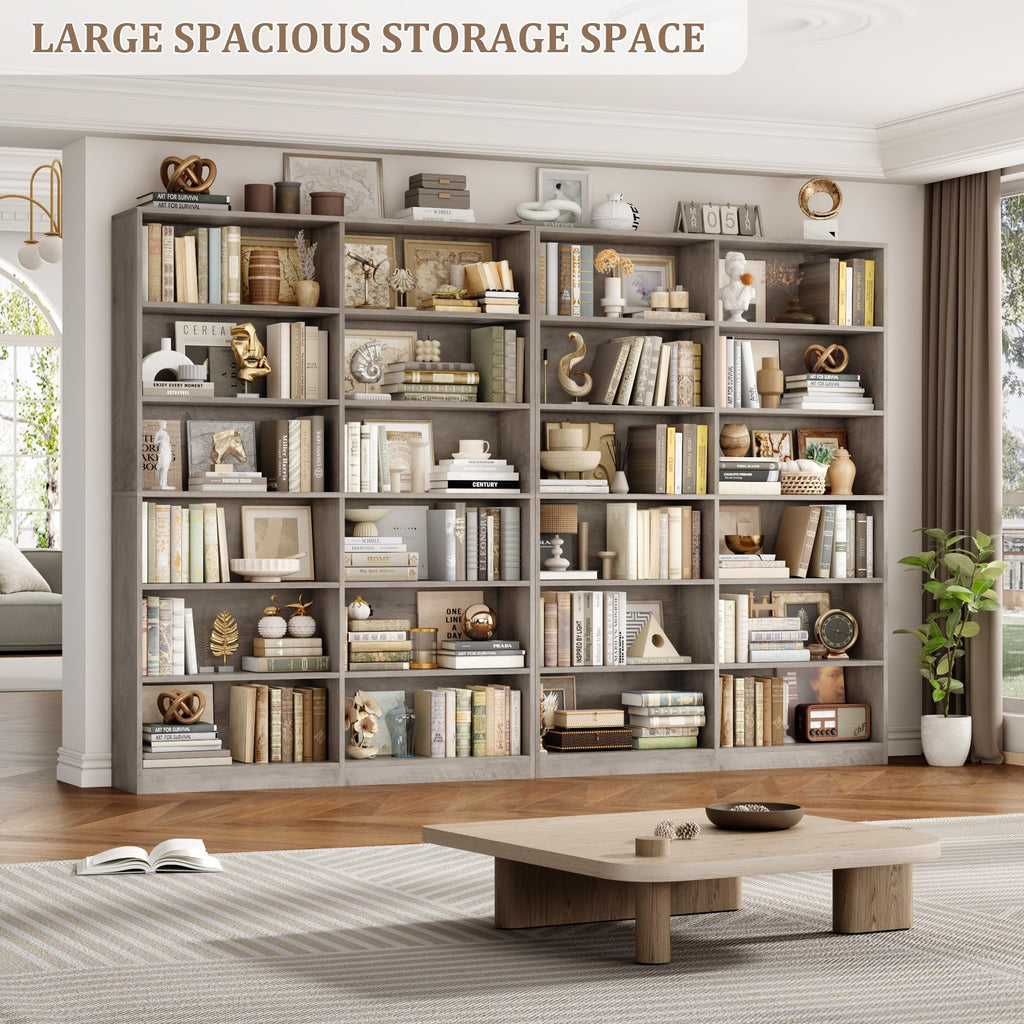 Bookshelf Tall Bookcase, 6-Tier Double Wide Bookshelves,Wash Grey