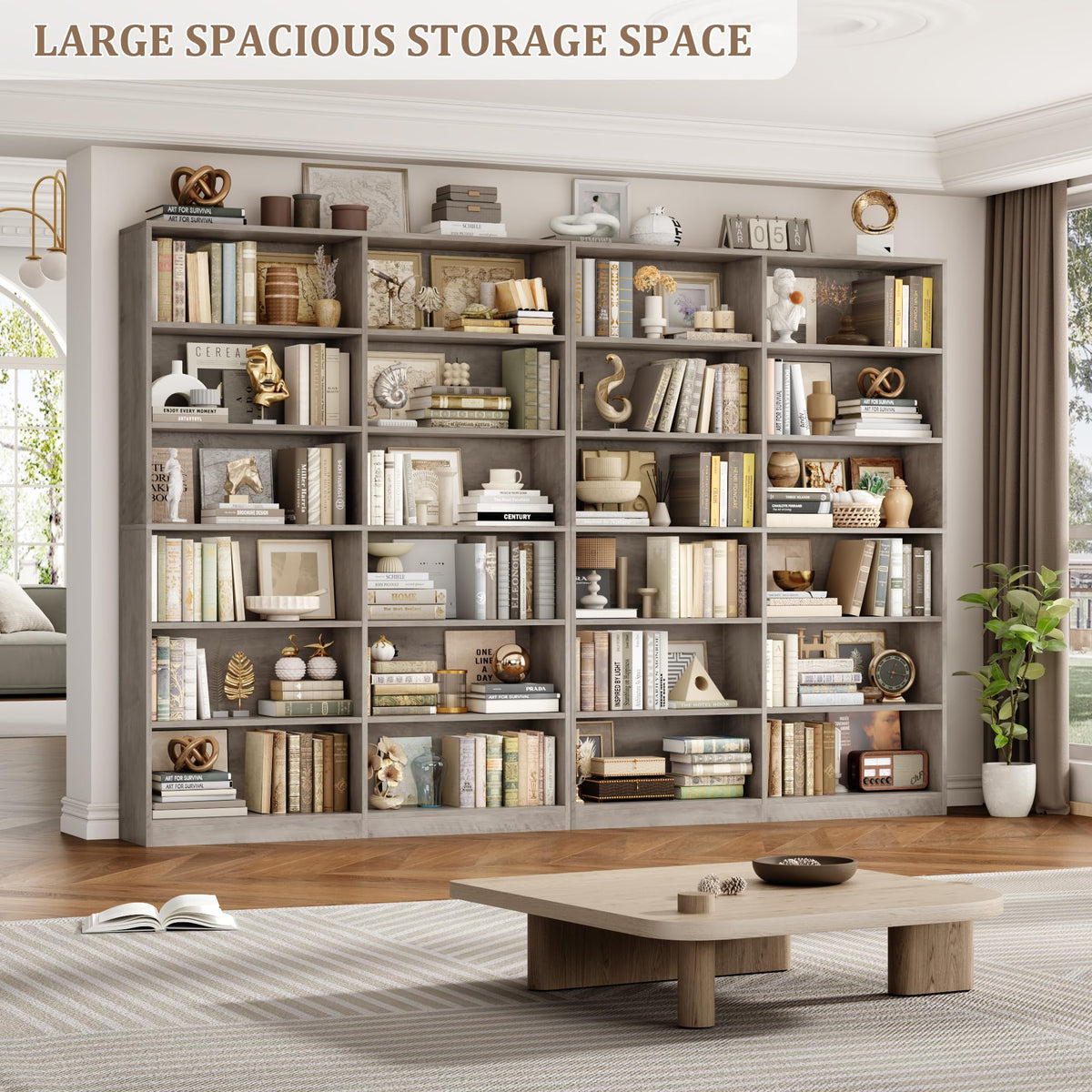 Bookshelf Tall Bookcase, 6-Tier Double Wide Bookshelves,Wash Grey
