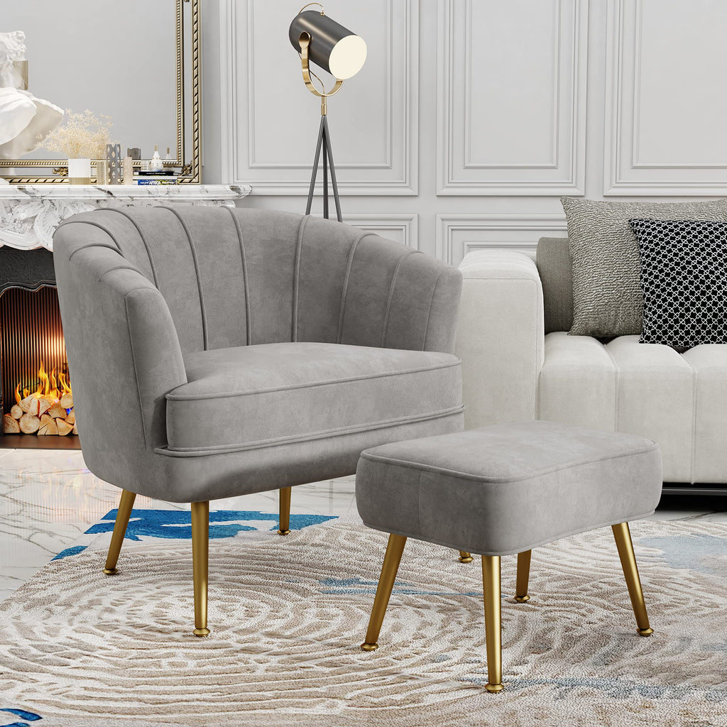 Velvet Accent Chair with Ottoman, Upholstered Modern Single Sofa Side Chair,Comfy Barrel Club Living Room Armchair with Golden Metal Legs for Bedroom Office Living Reading Room , Grey