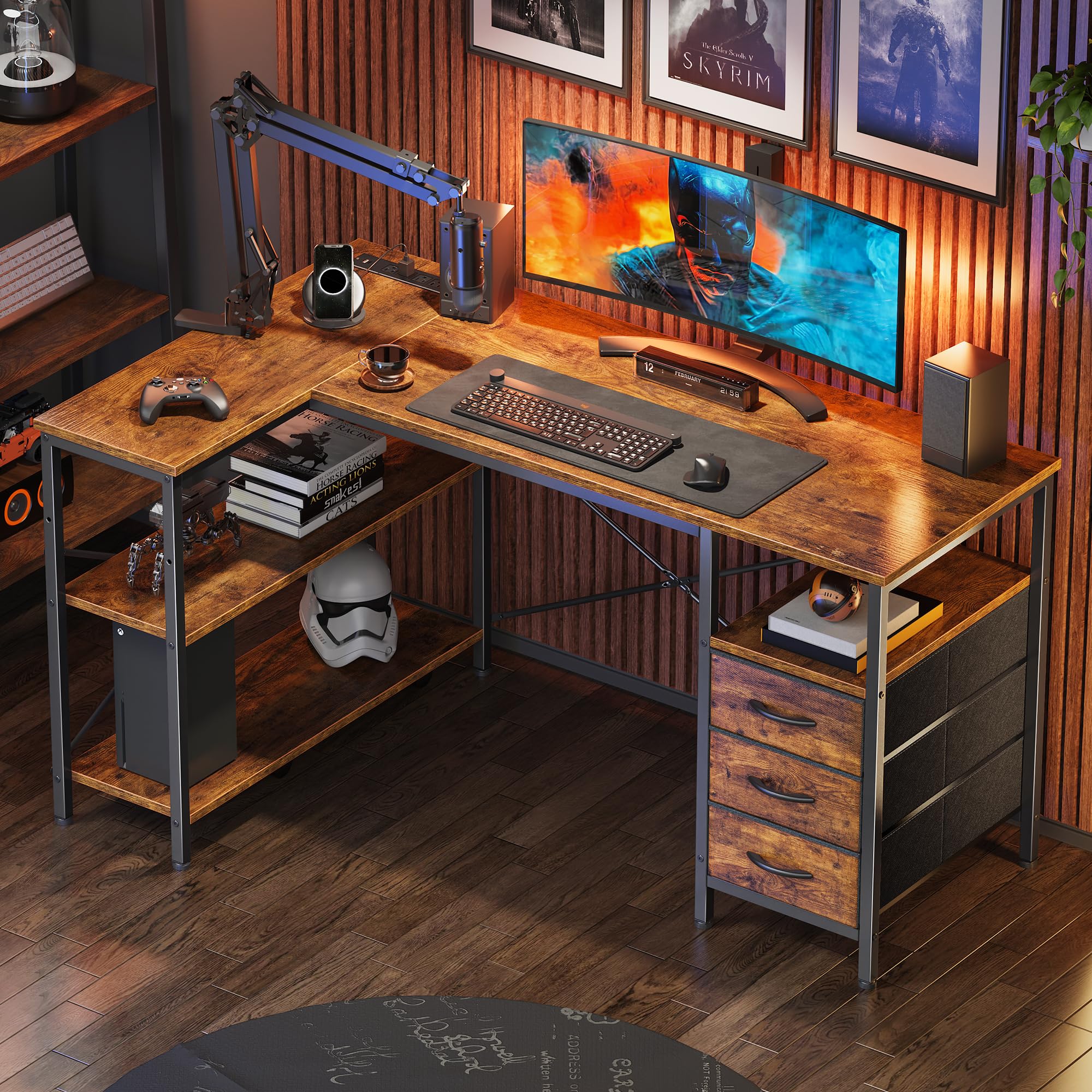 L Shaped Office Desk with Power Outlets, 47 Inch Computer Desk with 3 Drawers, Shelves, for Gaming, Corner Work, Home Office, Study, Rustic Brown