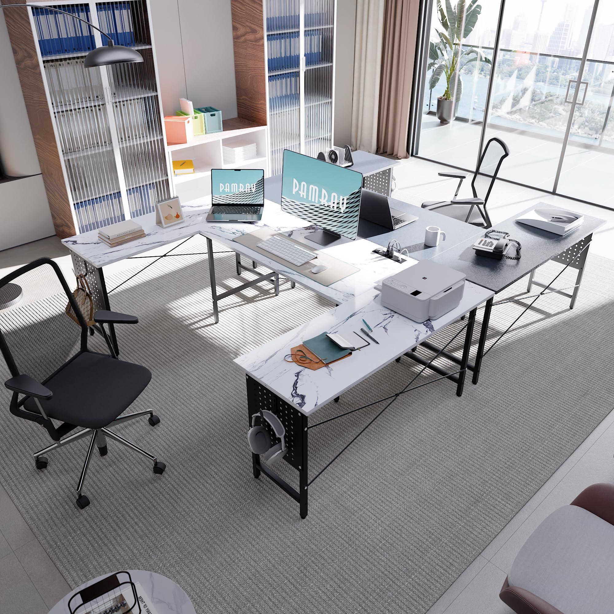 71 Inch Large Computer Desk with Power Outlets,U Shaped Corner Desk for Home Office Work and Gaming Grey