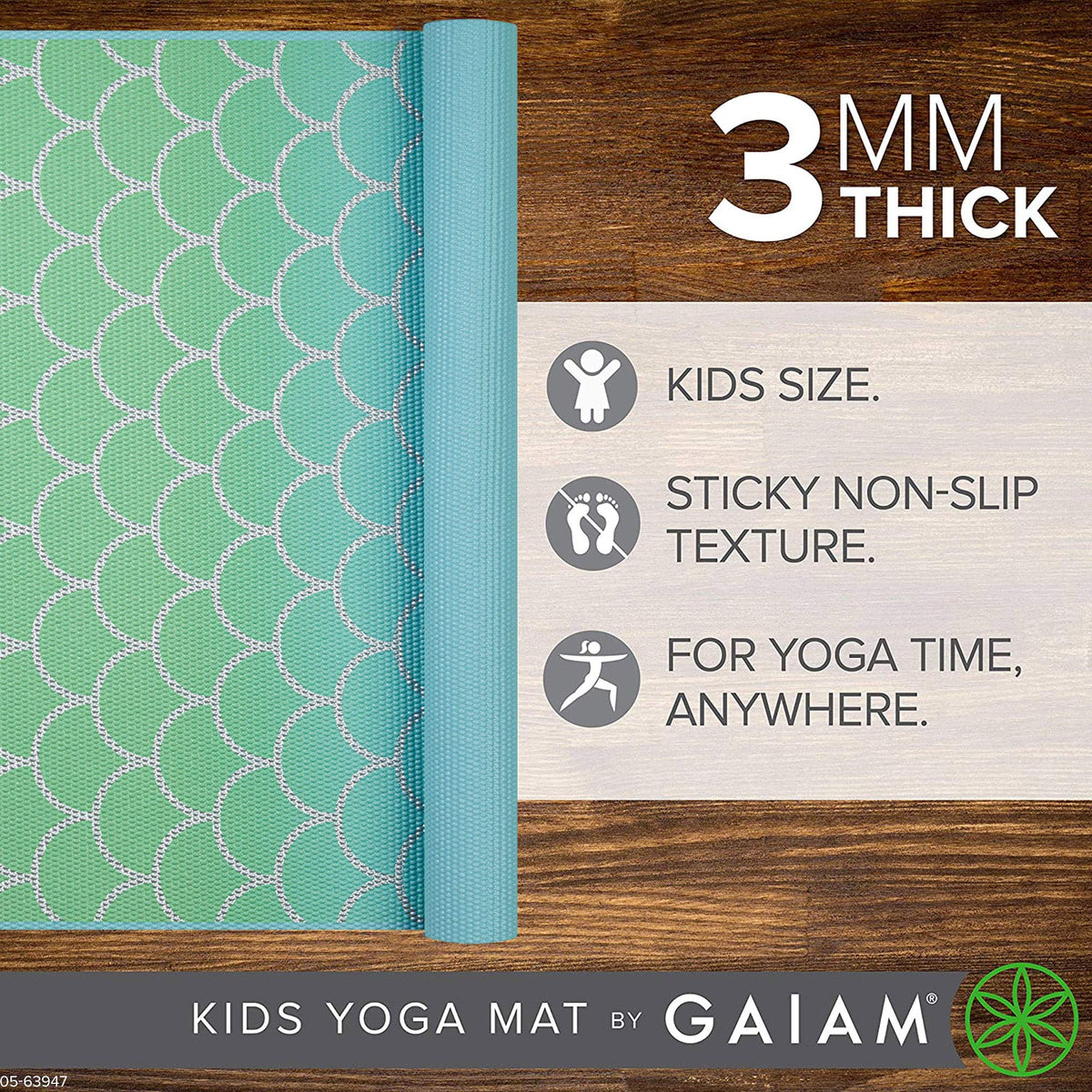 Kids Yoga Mat, Fun Prints, Non-Toxic, 60"x24", 3mm (Metallic Mermaid)