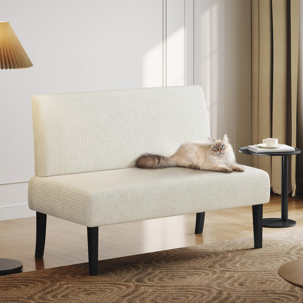 Small Mini Sofa Couch Armless Loveseat Futon for Bedroom, Corduroy Fabric & Easy Assembly, for Small Spaces Living Room,Dorm,Office,Apartment, Beige