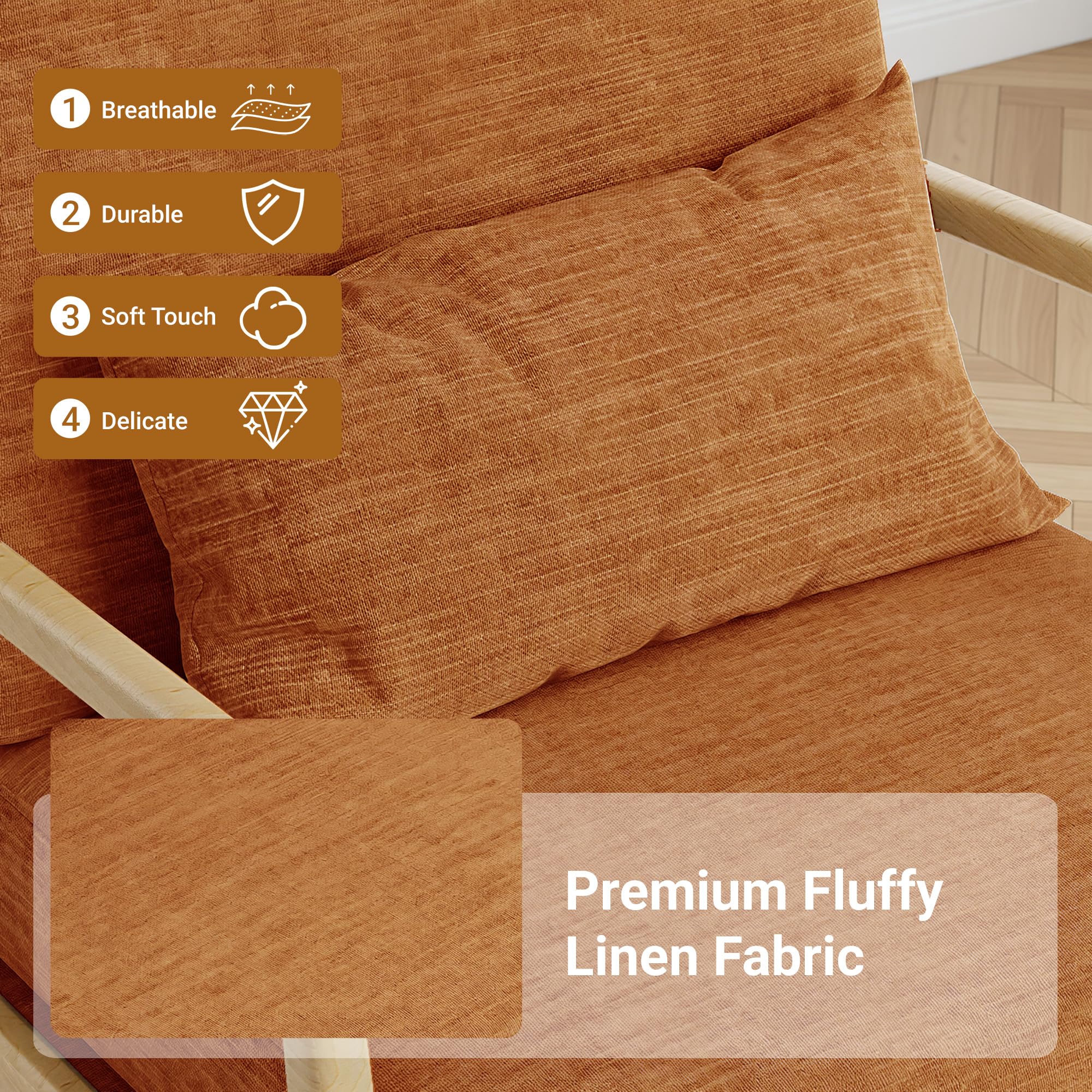 Mid-Century Modern Accent Chair, Armchair with Solid Wood Frame & Lumbar Pillow, Comfy Upholstered Lounge Chair for  Office, Bedroom, Linen-Like Fabric, Orange