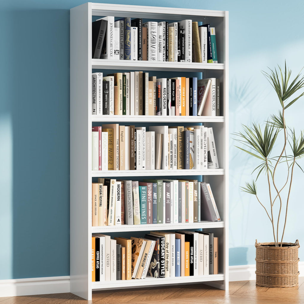 69" White Bookshelf, 5 Tier Tall Bookcase with Bookend, Large Metal Book Shelf Display Storage Shelves for Bedroom Living Room Office