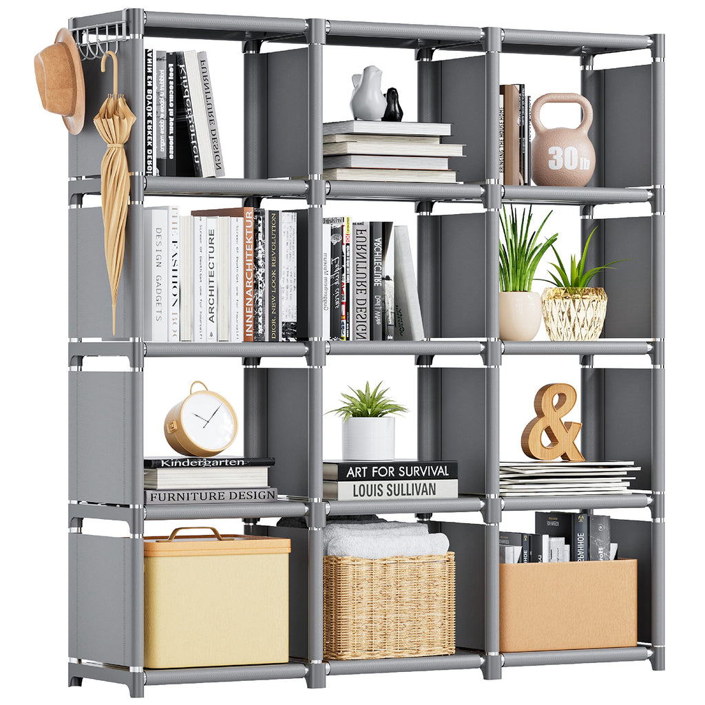 Book Shelf, 12 Cube Storage Organizer, DIY Bookcase, Metal Cube Bookshelf,Tall Book case for Bedroom, Living Room,Office,Closet Storage Organizer, Grey Cubicle Storage Rack