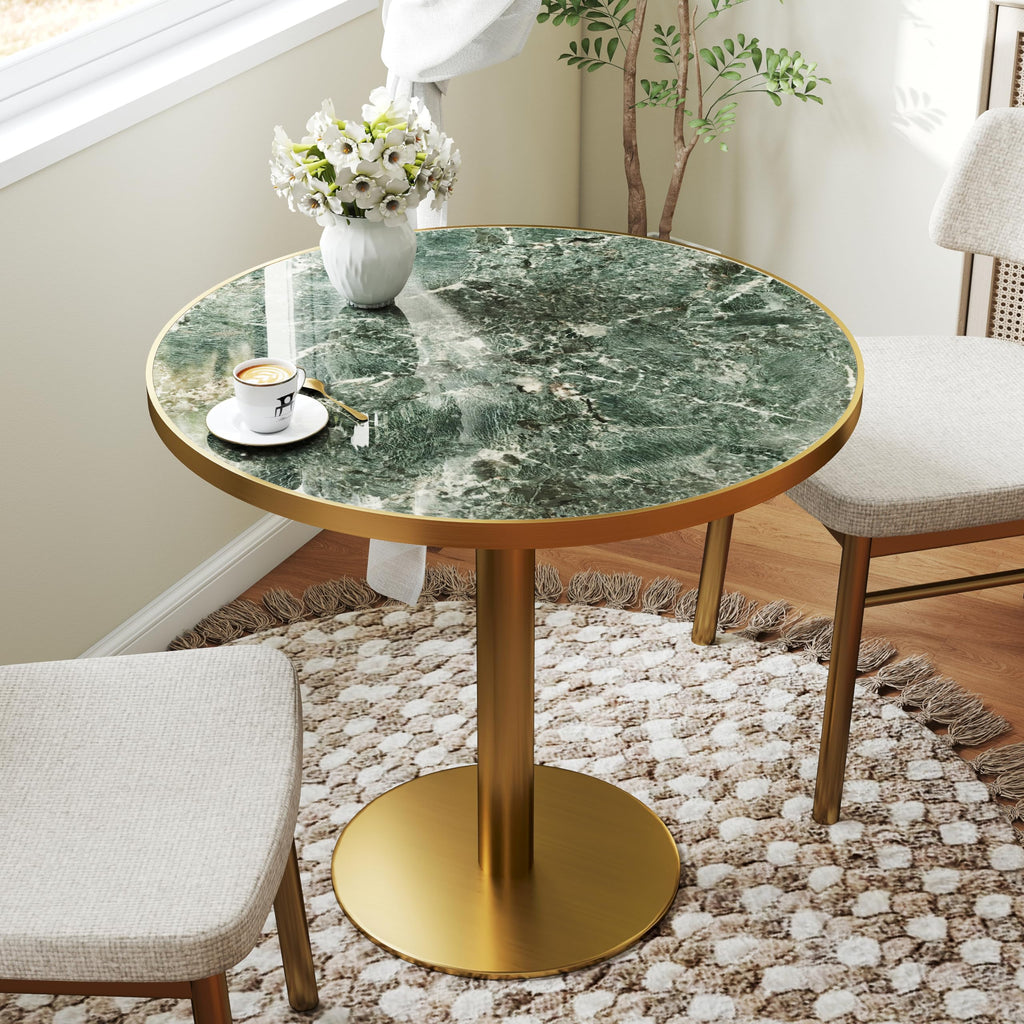 hausway 31.5" Tulip Table,Round Kitchen Dining Table for 2-4 with Thick Sintered Stone Top,Titanium Golden Pedestal Base,Heat-Resistant,Bistro Table for Dining Room,Café,Small Space（Emerald Essence）