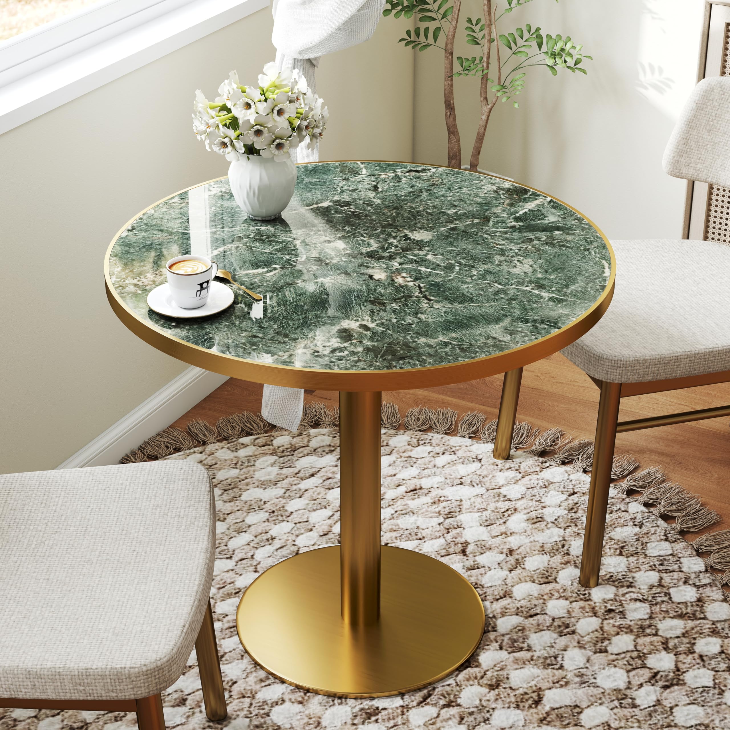 hausway 31.5" Tulip Table,Round Kitchen Dining Table for 2-4 with Thick Sintered Stone Top,Titanium Golden Pedestal Base,Heat-Resistant,Bistro Table for Dining Room,Café,Small Space（Emerald Essence）