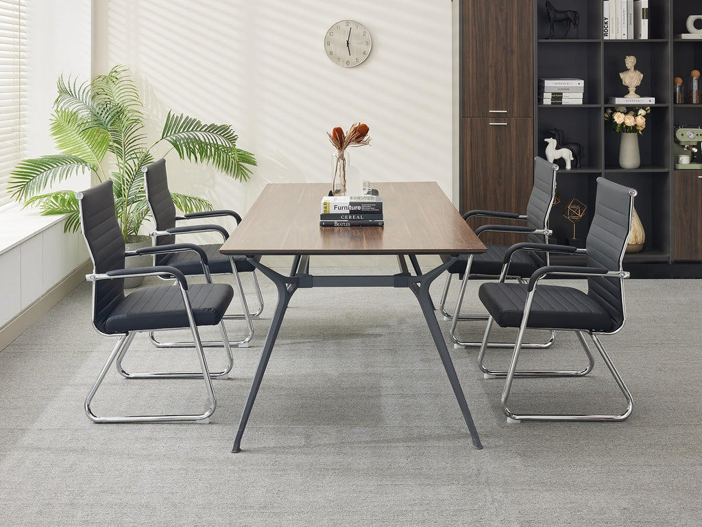 Office Chairs Set of 4, Modern Leather Reception Chairs with Mid Back & Sled Base, No-Wheel Desk Chairs for Waiting Room & Conference Room