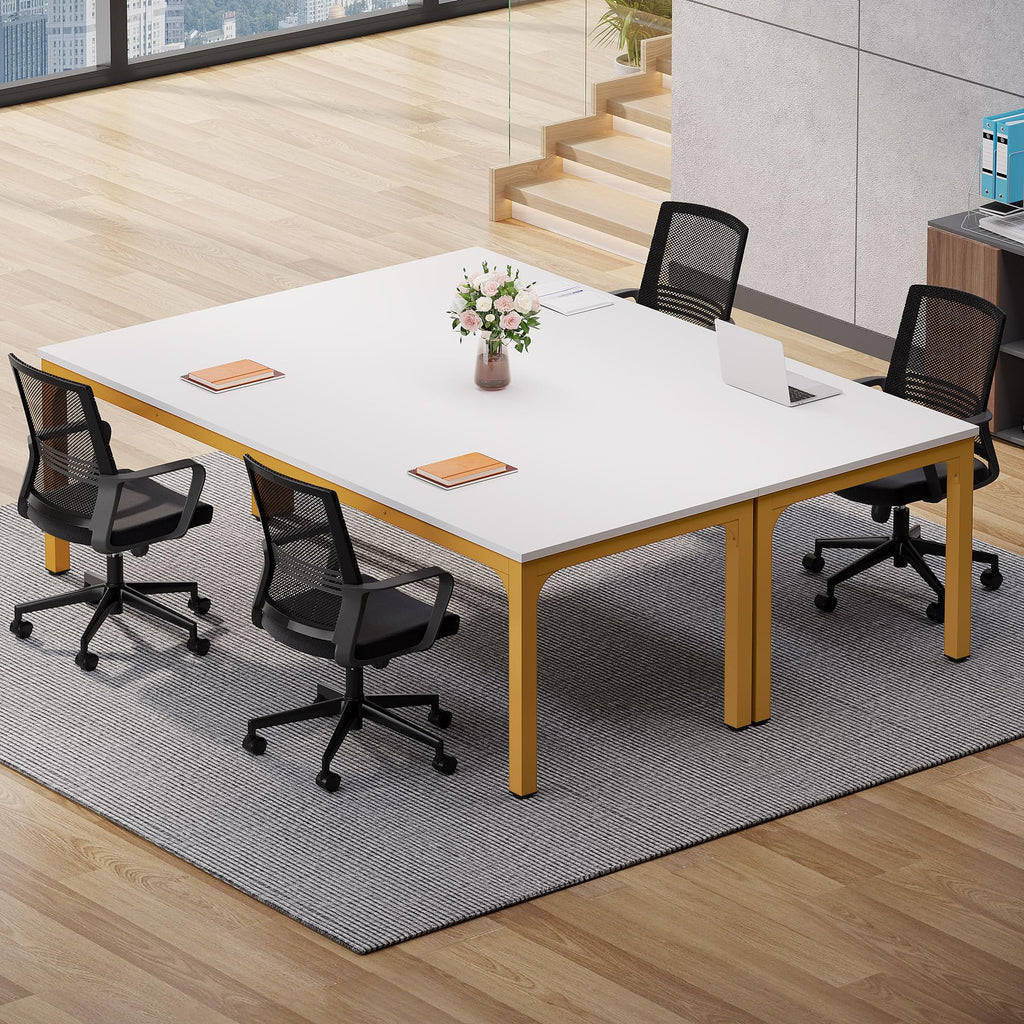 6.5 FT Conference Room Table, 78.74" W x 27.56" D Large Office Conference Table, Modern Seminar Meeting Table Desk for Boardroom, Meeting Room (2, White and Gold)
