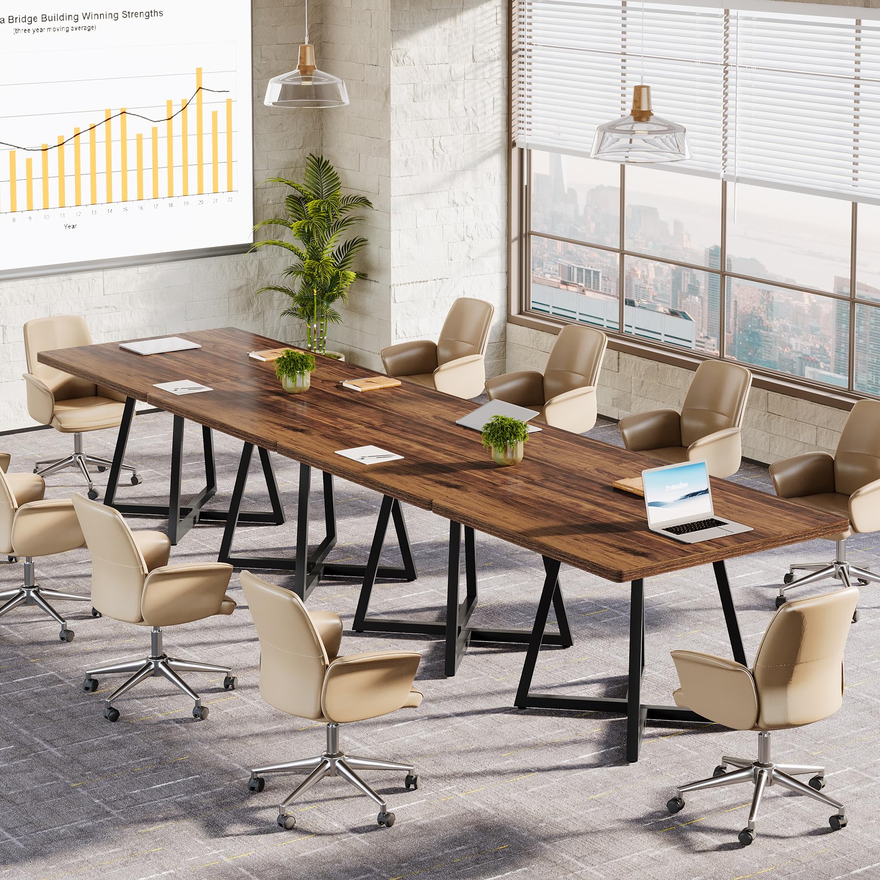 31.5" Square Conference Table, Industrial Office Meeting Table for 4 People, Business Podcast Furniture with Metal Base for Small Spaces, Office Conference, Brown & Black
