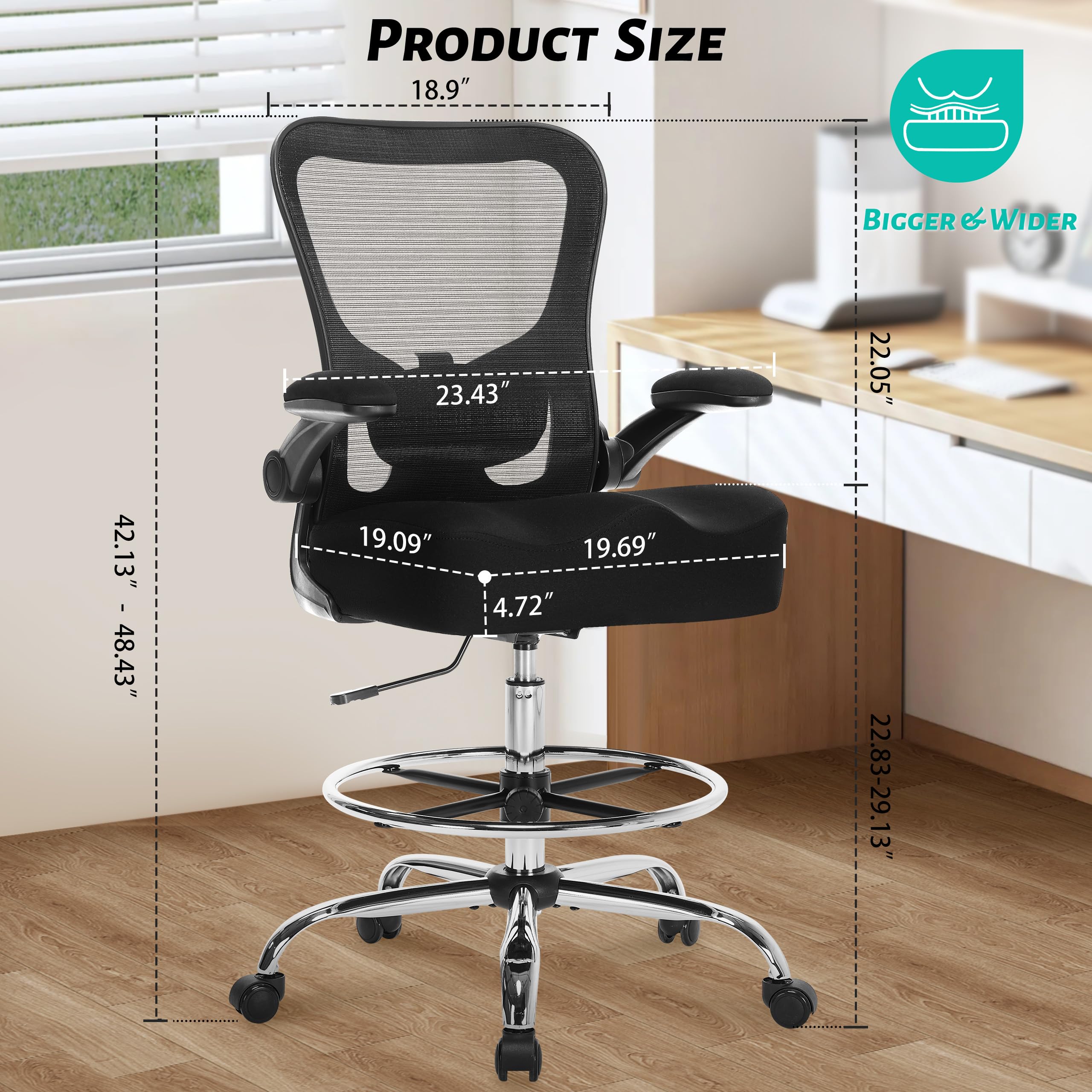 500LBS Ergonomic Drafting Chair Tall Office Chair for Counter Height or Standing Desk, Executive High Office Chairs with W-Shaped Thick Seat Cushion, Footrest Ring & Breathable Fabric, Black