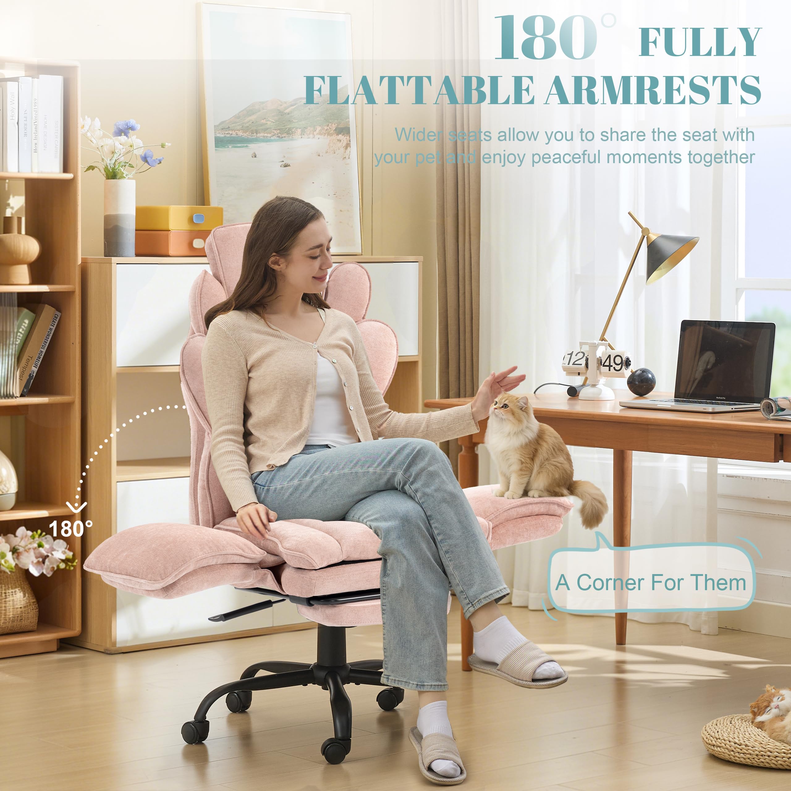 Flip Armrests Criss Cross Office Chair, Reclining Office Chair with Foot Rest, Adjustable Headrest, Massage Waist Pillow, Cross Legged Big and Tall Desk Chair Wide Seat Vanity Chair, Fabric Pink