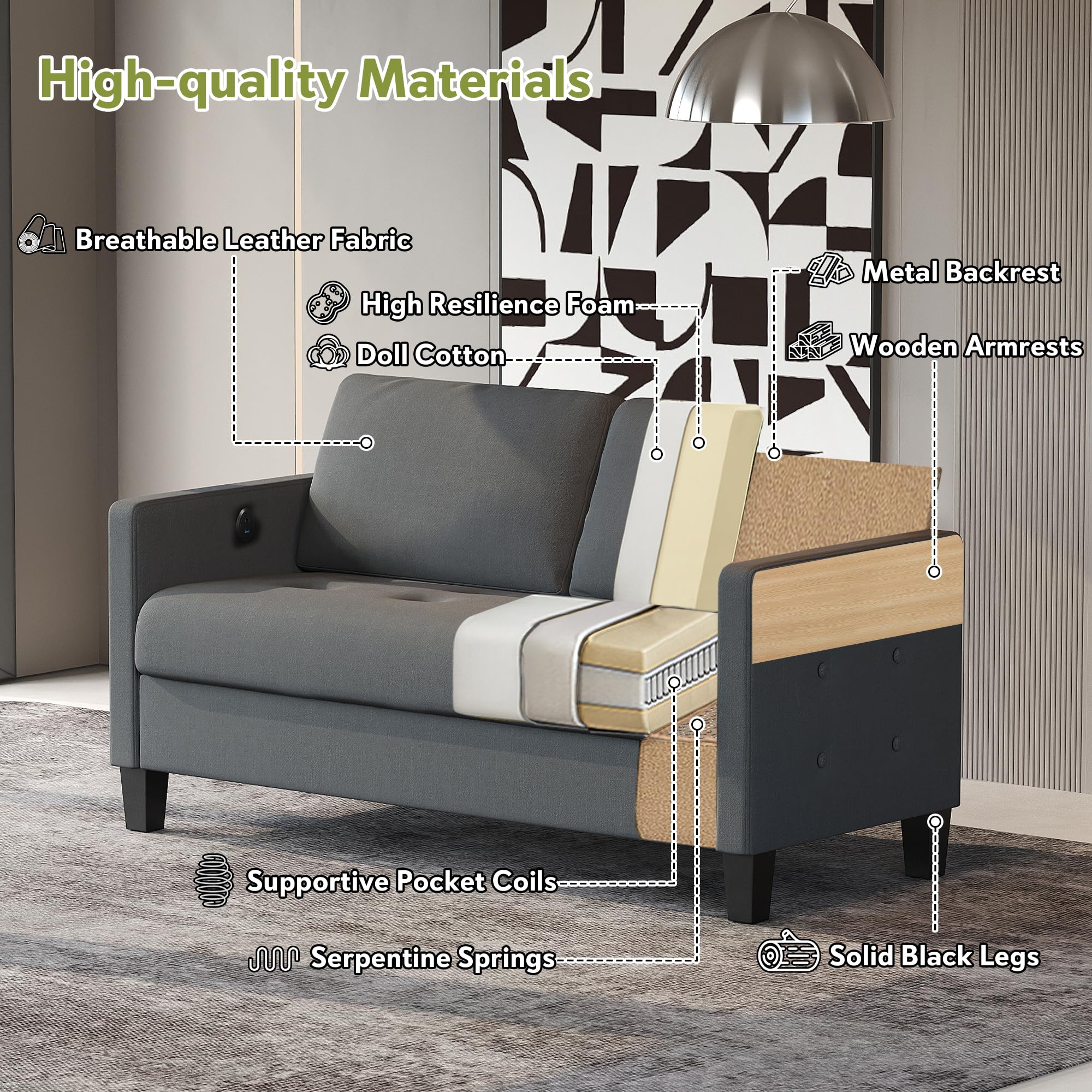 Comfy Loveseat Sofa Small Grey Couch, Small Love Seat Bedroom, Mid Century Modern Couches Living Room Dorm Office, 2 Seater Couch Deep Seat Sofas, 57”W (Dark Grey (Loveseat))
