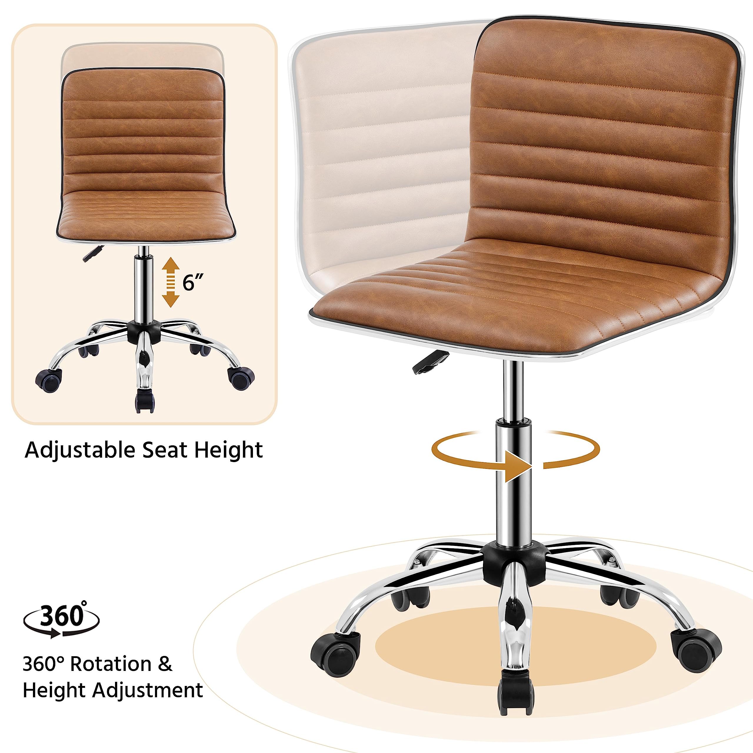 Low Back PU Leather Ribbed Armless Office Chair, Ergonomic Swivel Computer Task Chair with Wheels for Office, Home