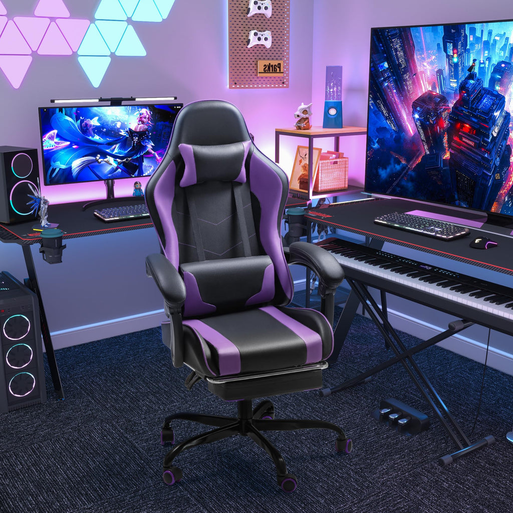 Gaming Chair, Video Game Chair with Footrest and Massage Lumbar Support, Ergonomic Computer Chair Height Adjustable with Swivel Seat and Headrest (Purple)