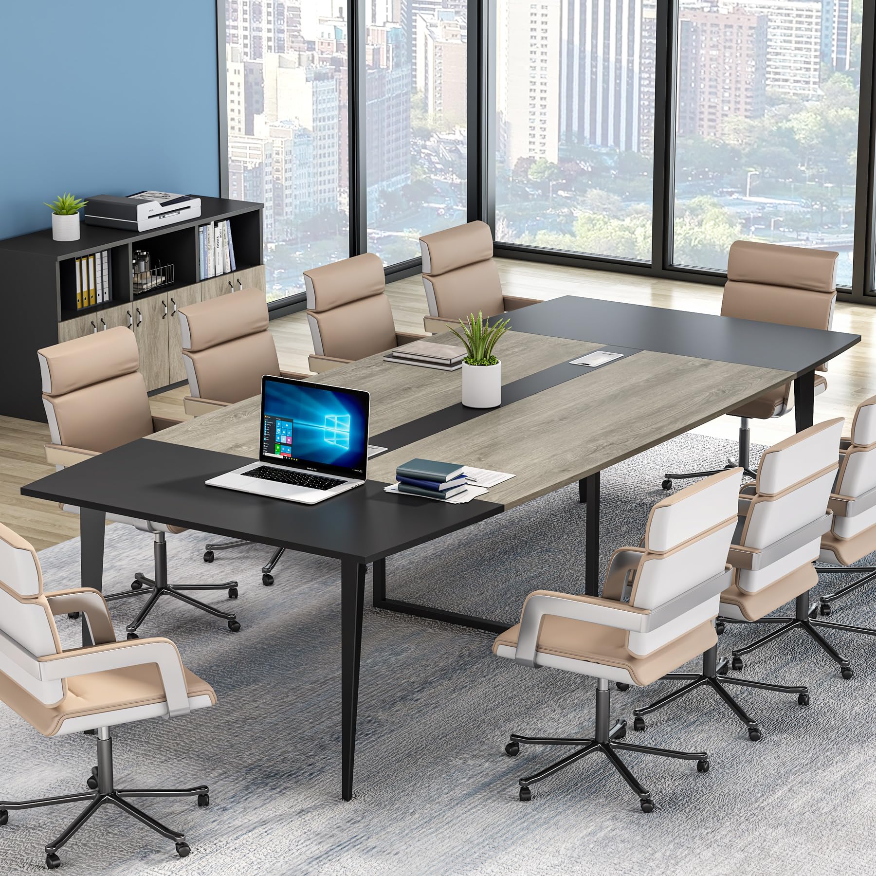 8FT Conference Table, 94.48L x 47.21W x 29.52H Inches Boat Shaped Meeting Table with Rectangle Grommet, Modern Seminar Boardroom Table for Office Conference Room (Grey & Black, 8ft)